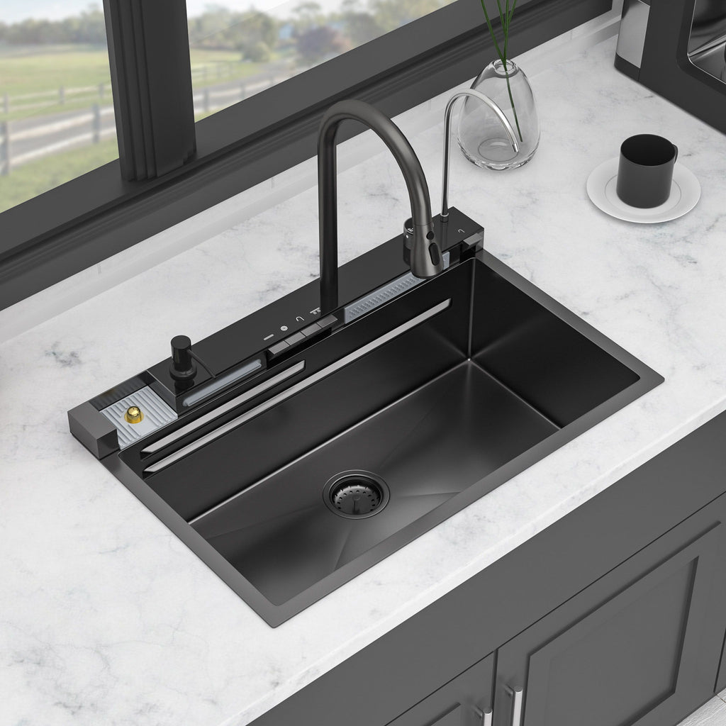 30" Whale Digital Waterfall Sink With LED Display, 16 Gauge Single Bowl Ledge Workstation - Gunmetal Black