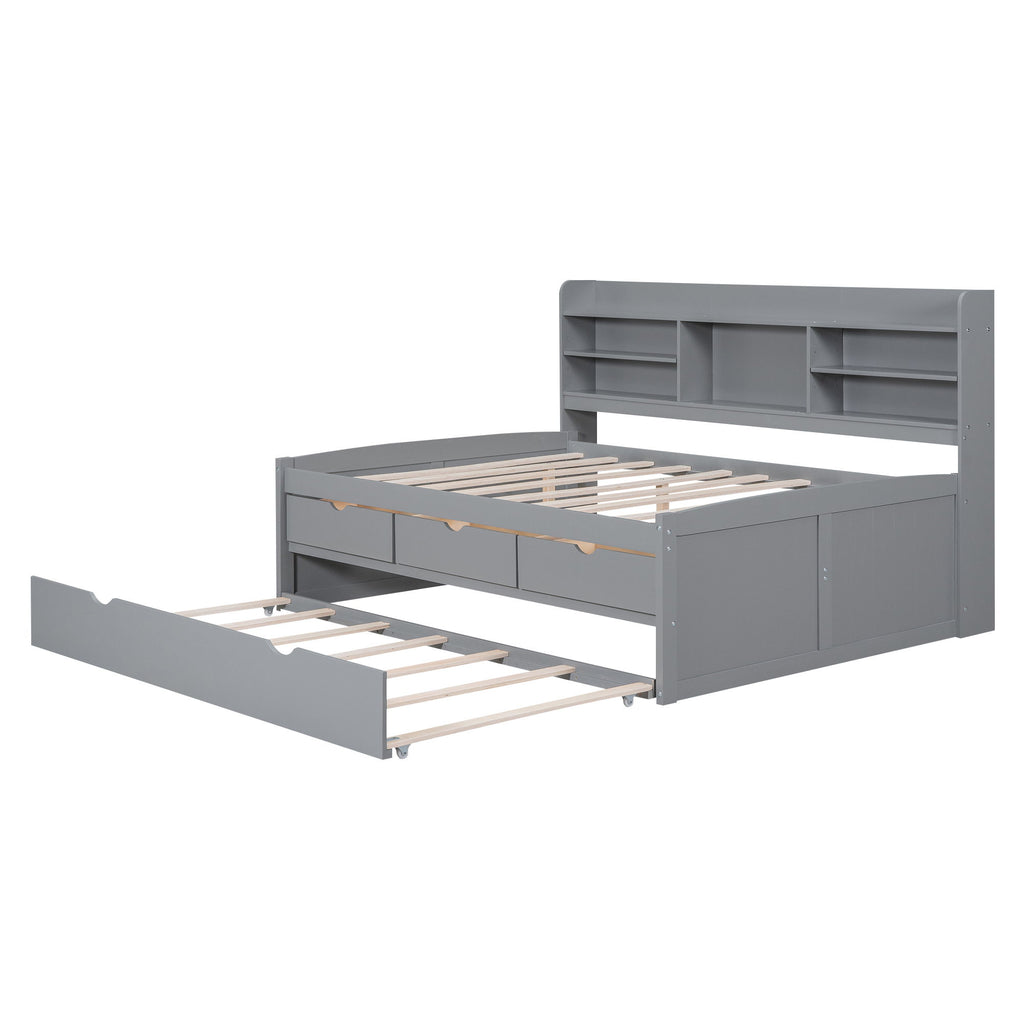 Captain Bed With Built In Bookshelves, 3 Storage Drawers, And Trundle