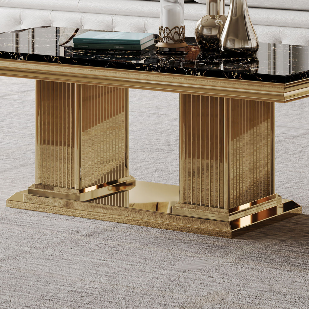 Marble Printed Top Rectangular Table, Stainless Steel Base With Mirrored Finish