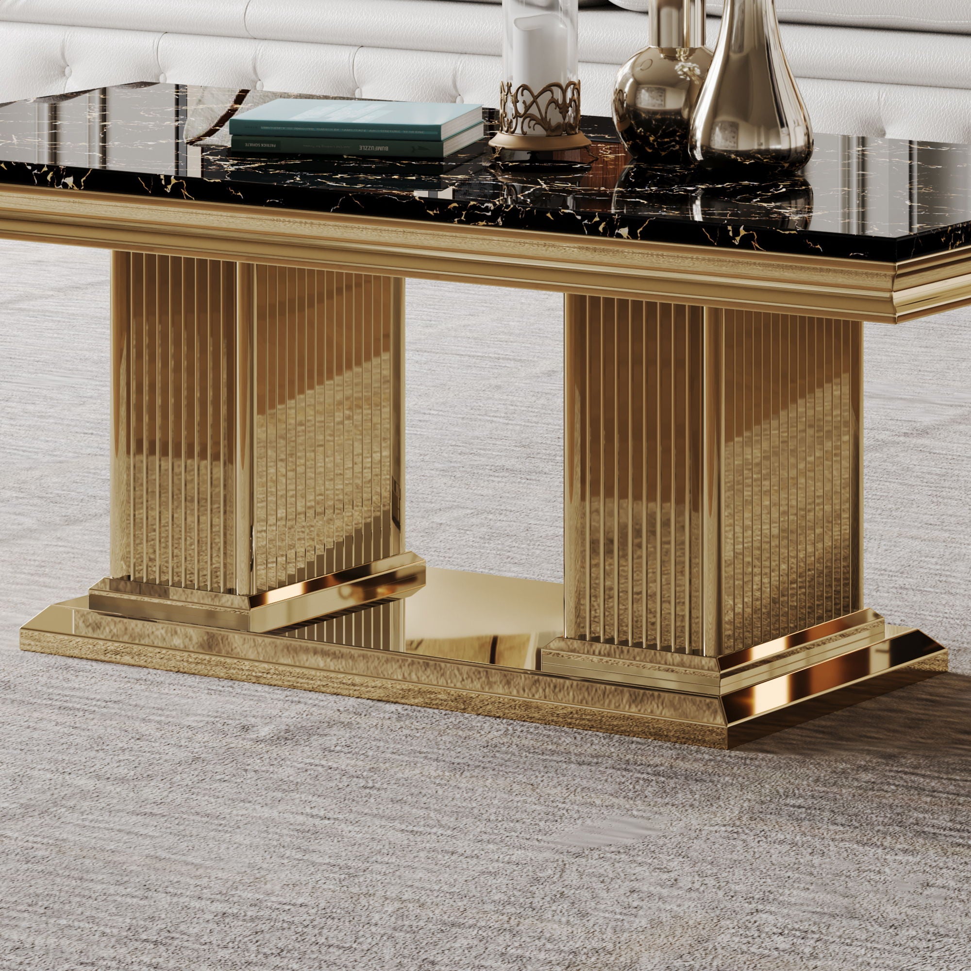 Marble Printed Top Rectangular Table, Stainless Steel Base With Mirrored Finish