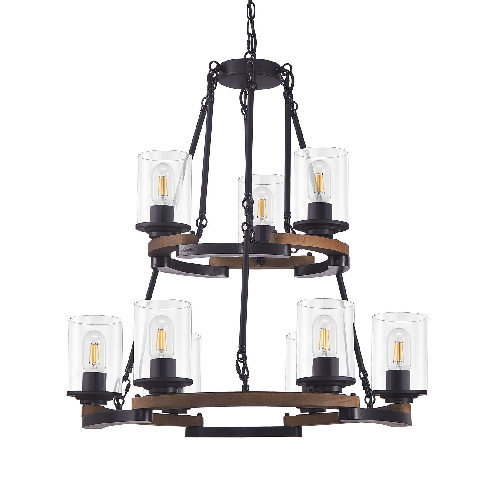 Wagon Wheel Chandelier, Ceiling Light With Adjustable Height - Black / Brown