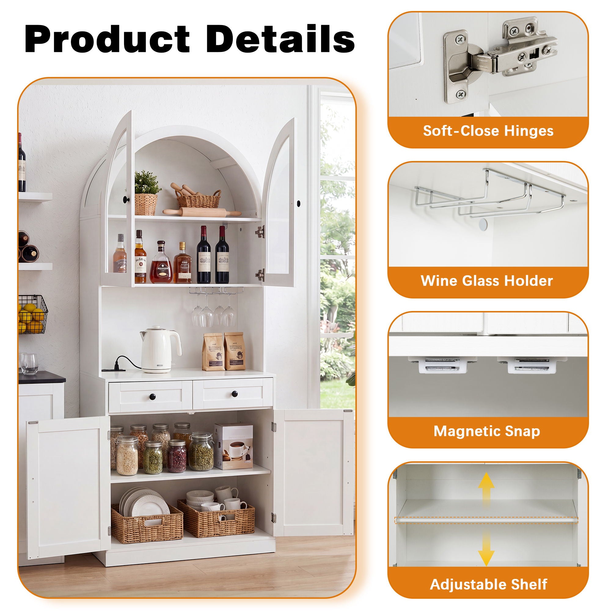 Tall Arched Pantry Cabinet With Charging Station, Adjustable Shelves, Coffee Bar