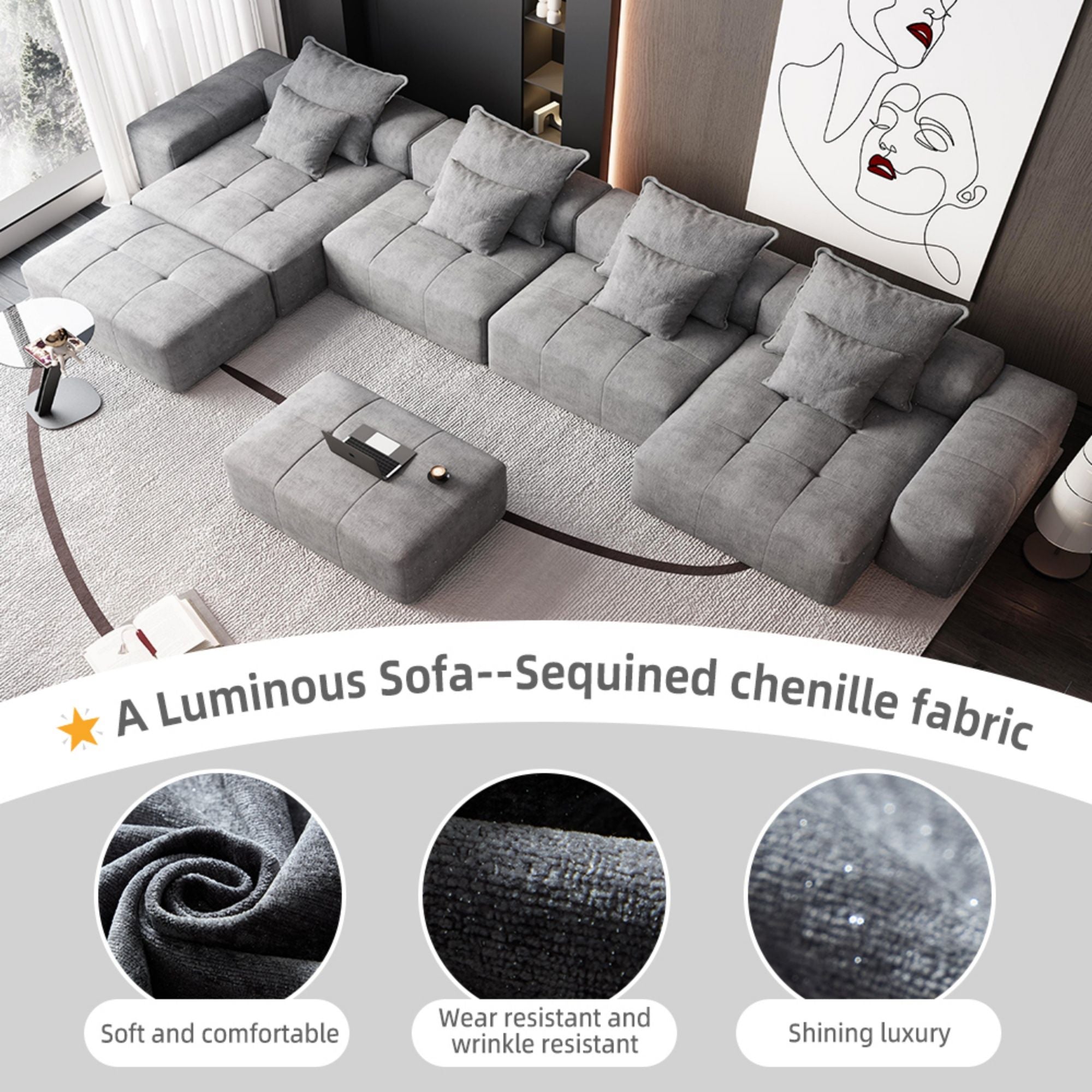 Modern Oversized, Modular Sectional Sofa With Pillows