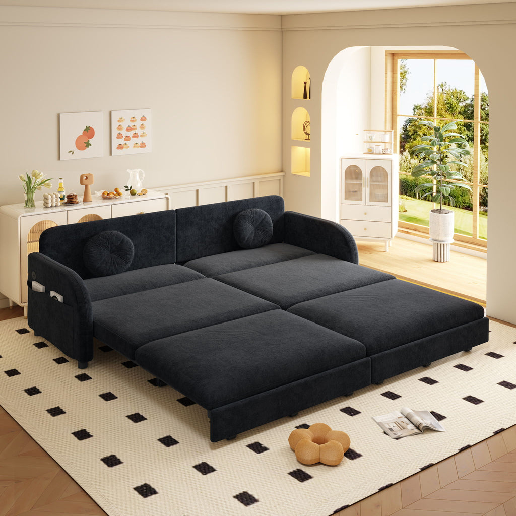 Upholstered Pull Out Couch With Side Pocket & USB Port