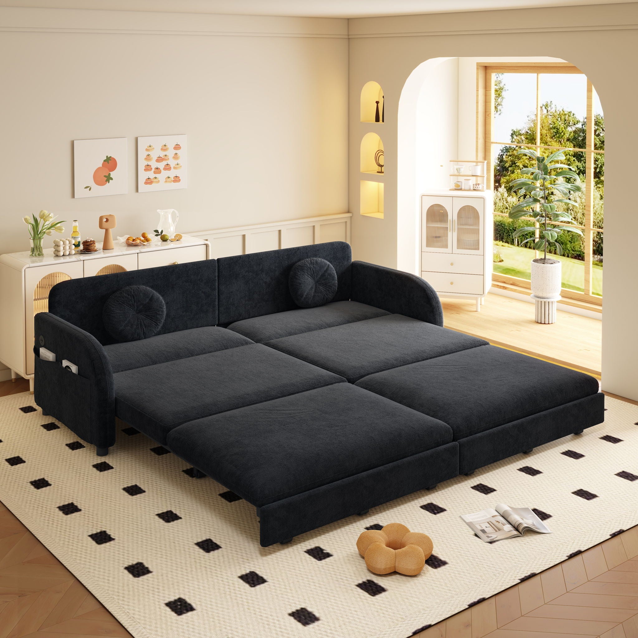 Upholstered Pull Out Couch With Side Pocket & USB Port