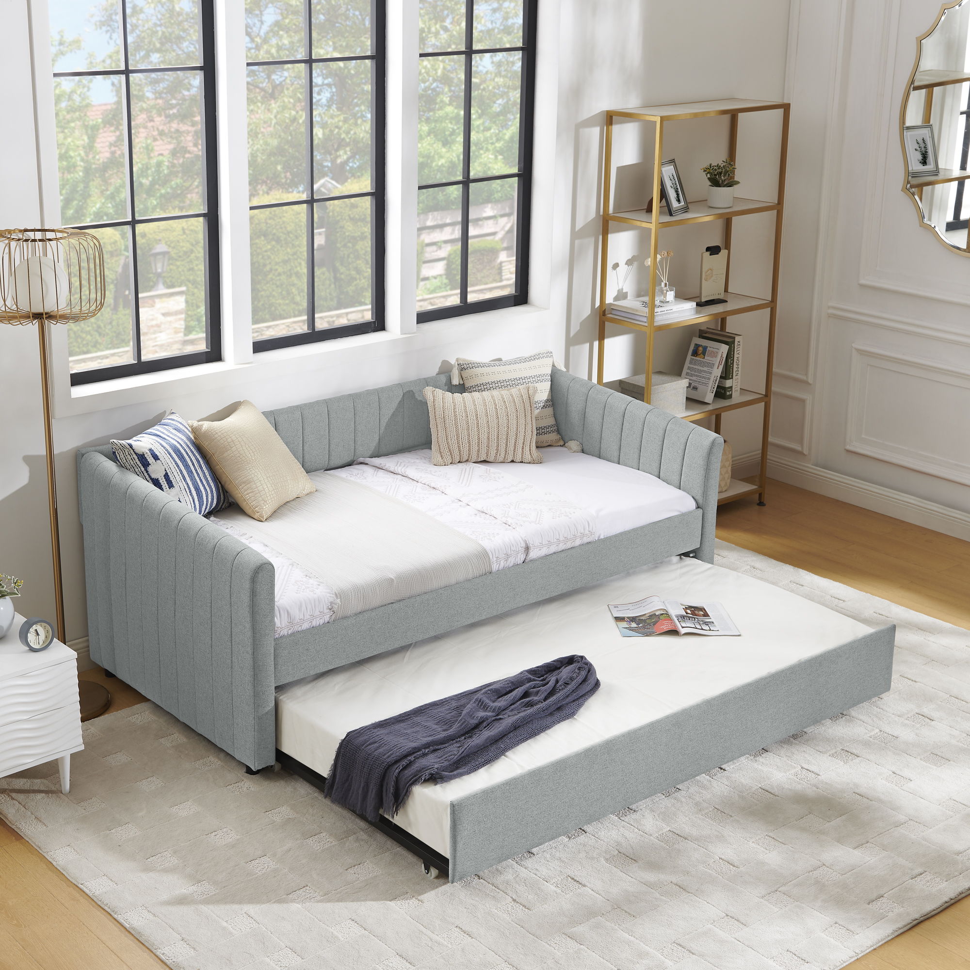 Upholstered Daybed With Trundle With Vertical Stripes