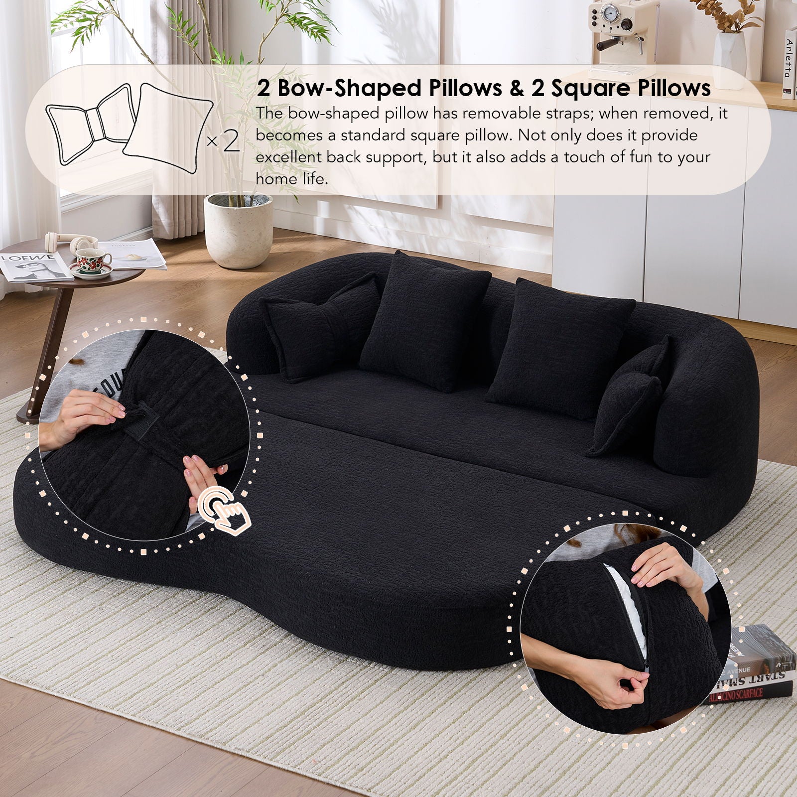 Foldable Sofa Bed, Boneless Couch Convertible Sleeper With 4 Pillows