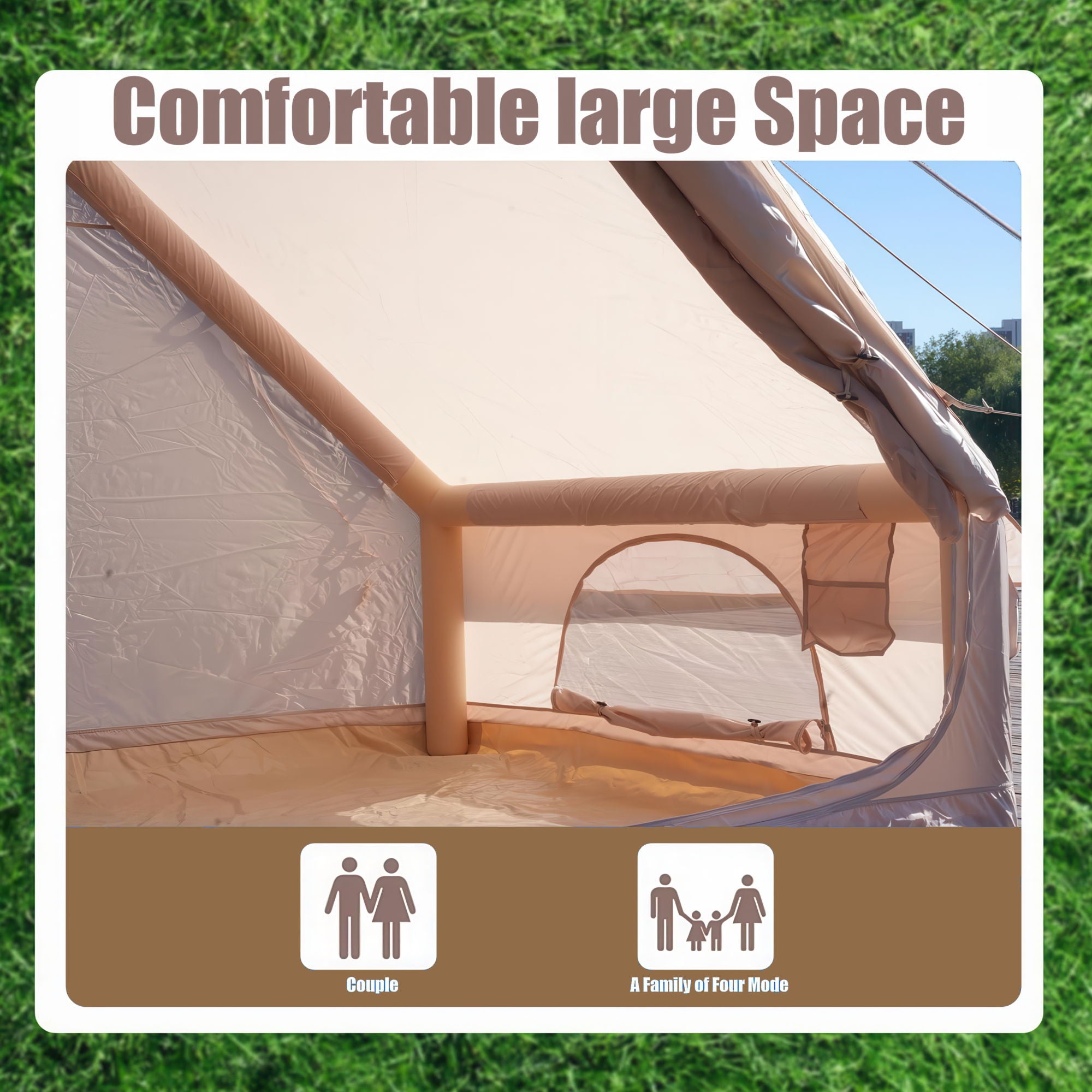 Inflatable Glamping Tent For 4 - 6 People, Waterproof Outdoor Tent With Pump - Khaki