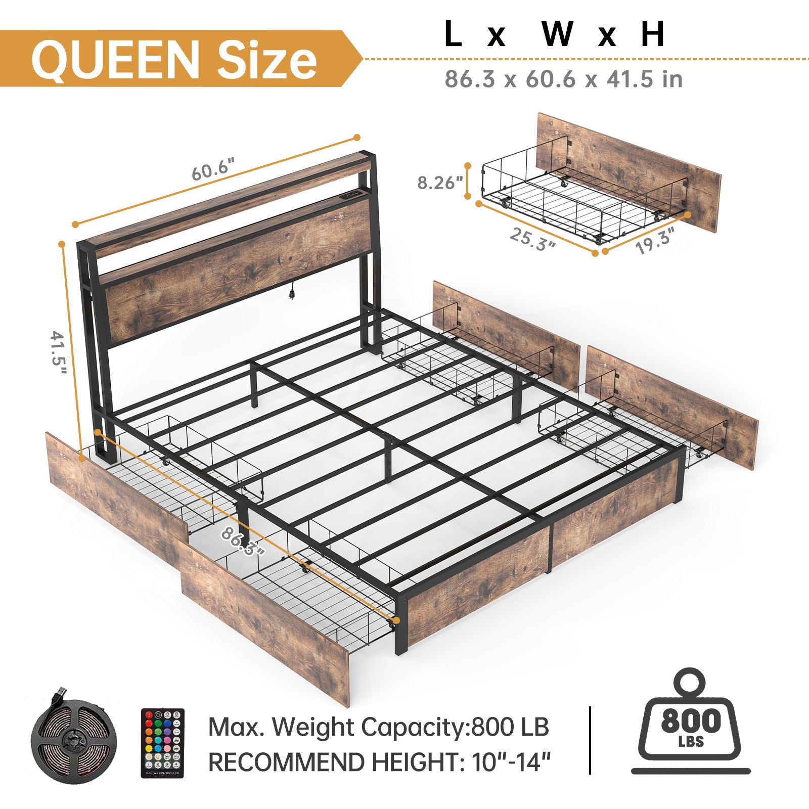 Bed Frame With Headboard, LED Lights & Charging Station