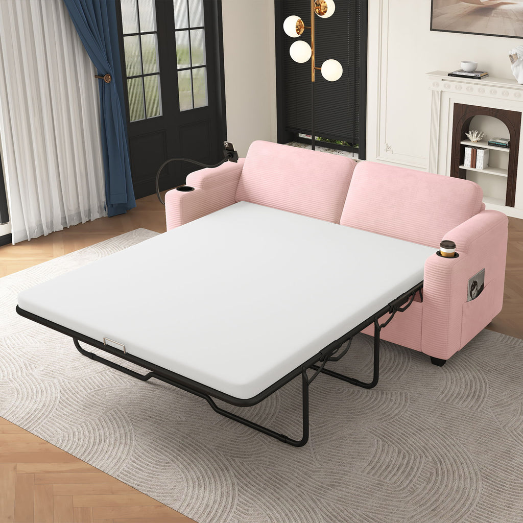 Sleeper Sofa Loveseat Sofa With Full Size Mattress, 2 USB Ports, 2 Cup Holders, 2 Side Pockets And Phone Holder