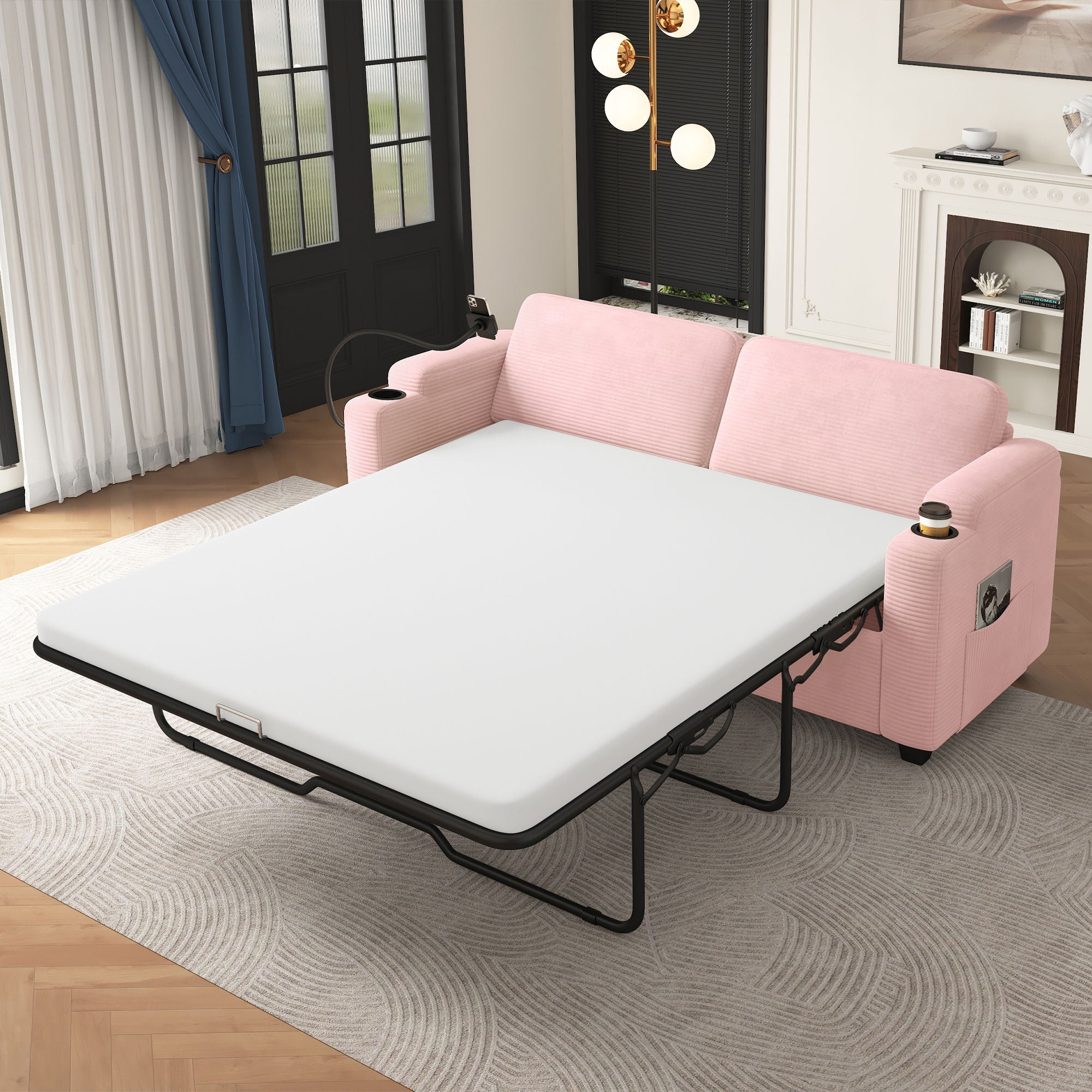 Sleeper Sofa Loveseat Sofa With Full Size Mattress, 2 USB Ports, 2 Cup Holders, 2 Side Pockets And Phone Holder