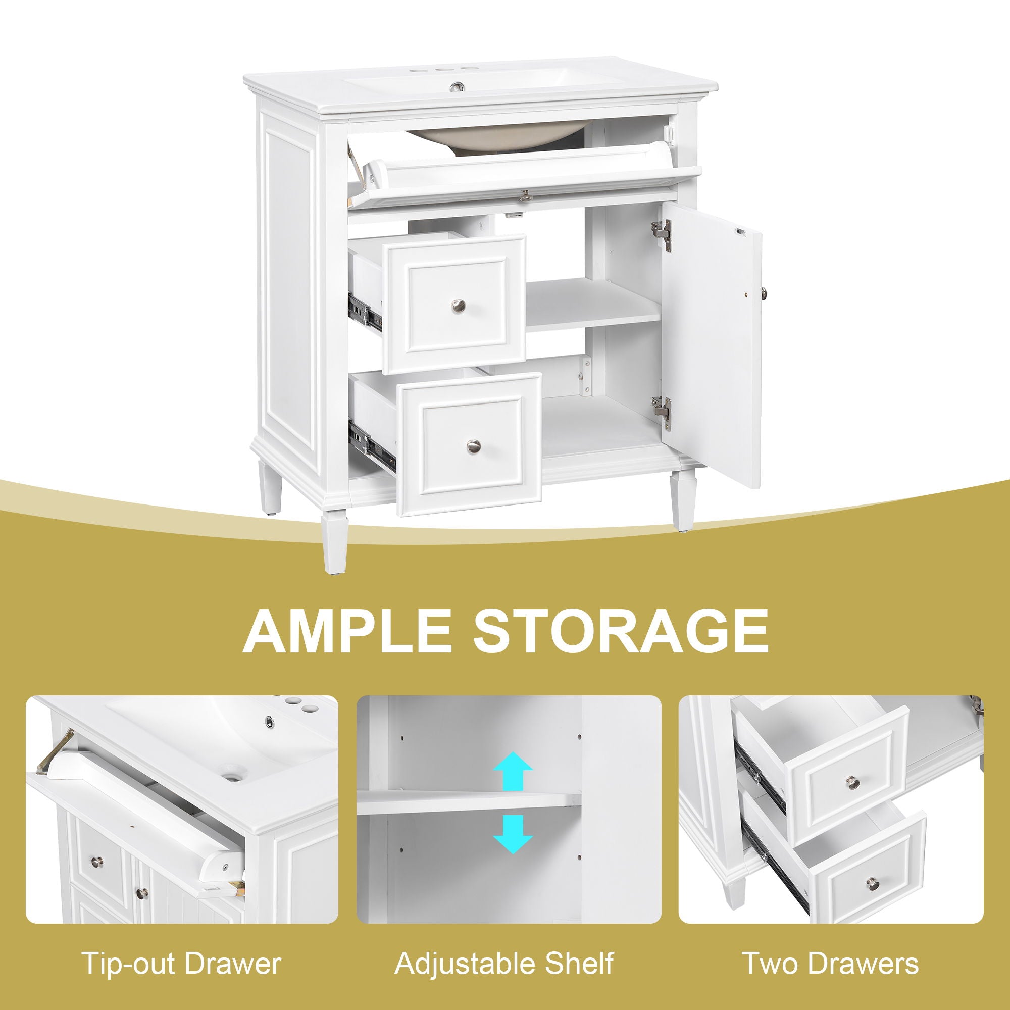 Modern Bathroom Vanity With Sink, Adjustable Shelf, Flip Drawer & 2 Drawers