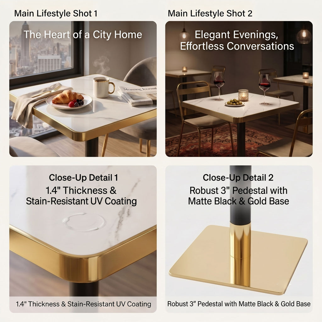 Square Dining Table & Pedestal For Kitchen - Black / Gold / White
