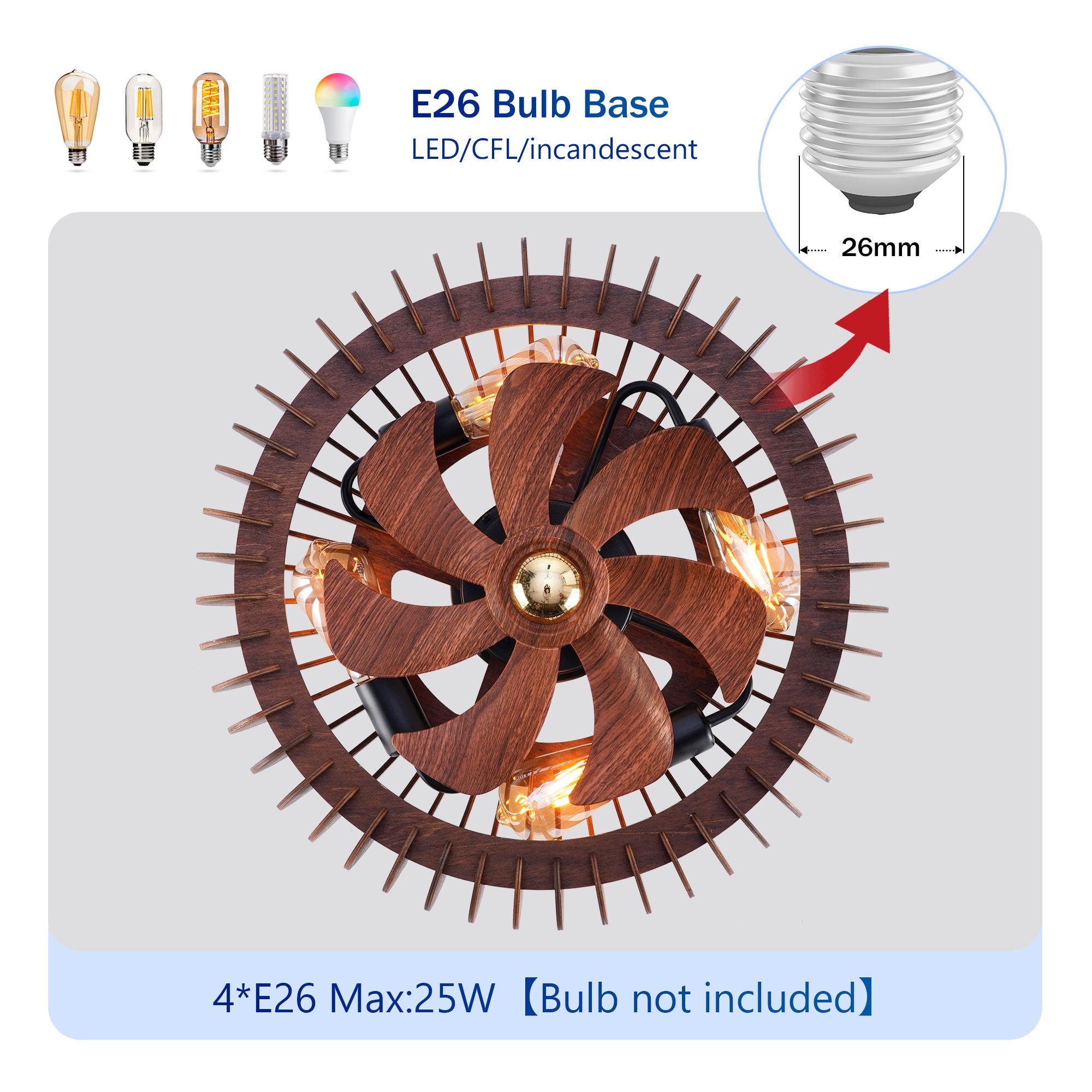 Semicircle Flush Mount Fan Light, (No Included Bulbs) And Remote Control, 6 Speeds, Quiet DC Motor For Living Room - Wood