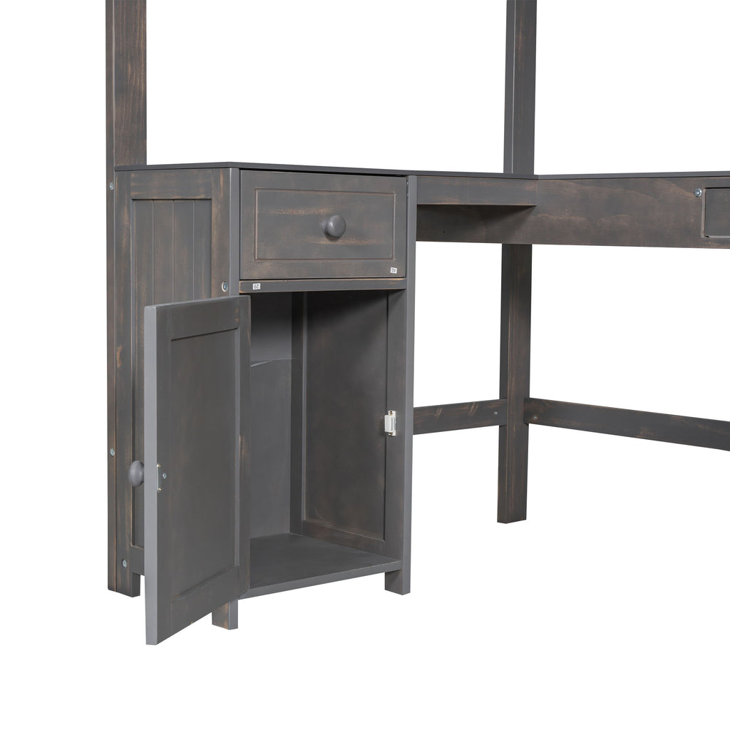 Loft Bed With U-Shaped Desk, Drawers, And Storage Shelves