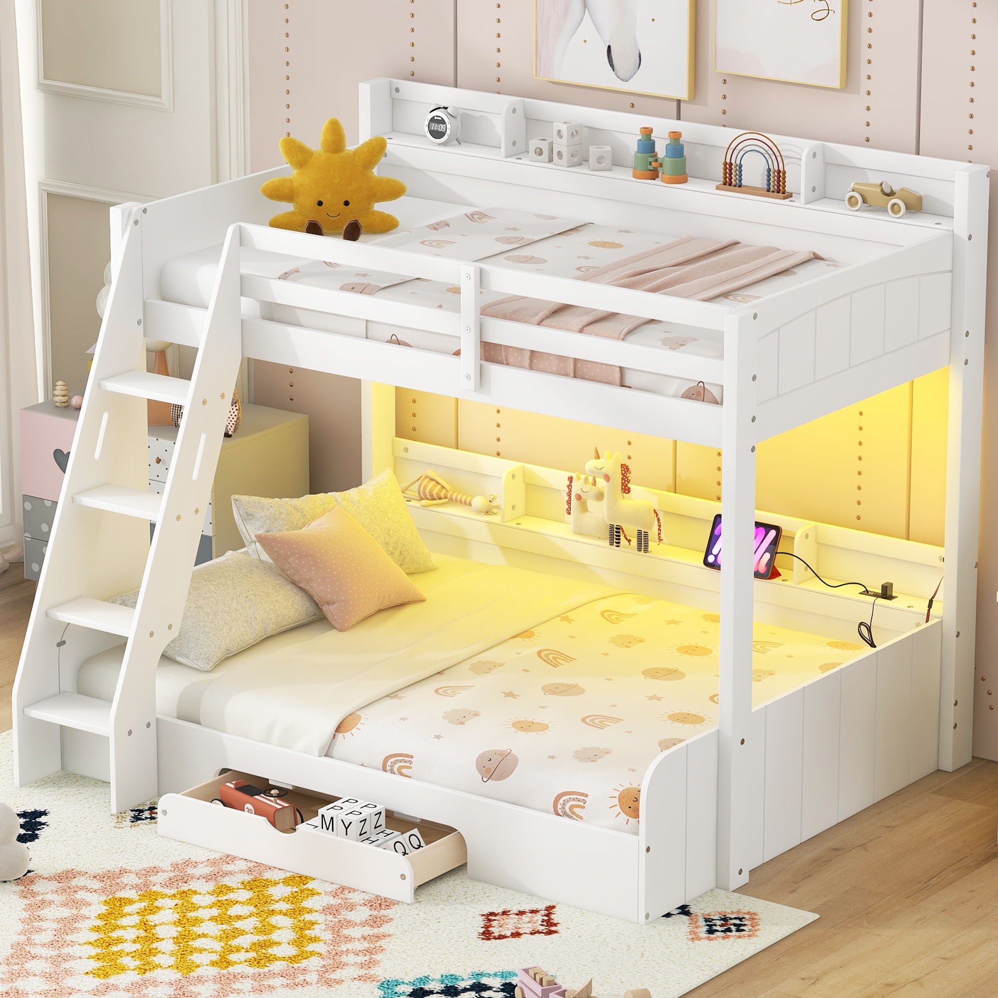 Bunk Bed With Storage Shelves, LED Lighting, Charging Station And Drawer