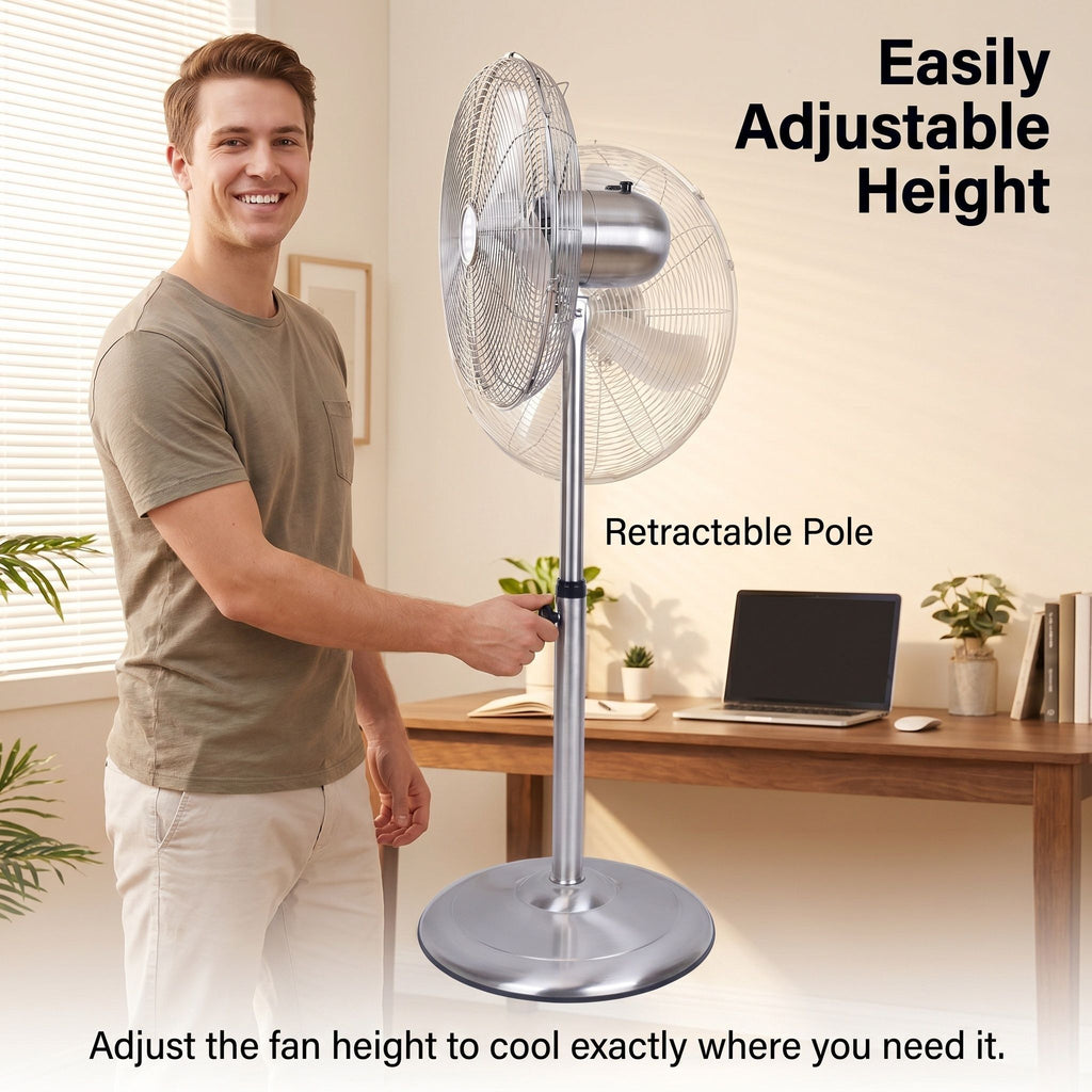 Stand Fan, 4 Blades, Rotary Knob Switch, Oscillation Function, Tilting Angle - Chrome
