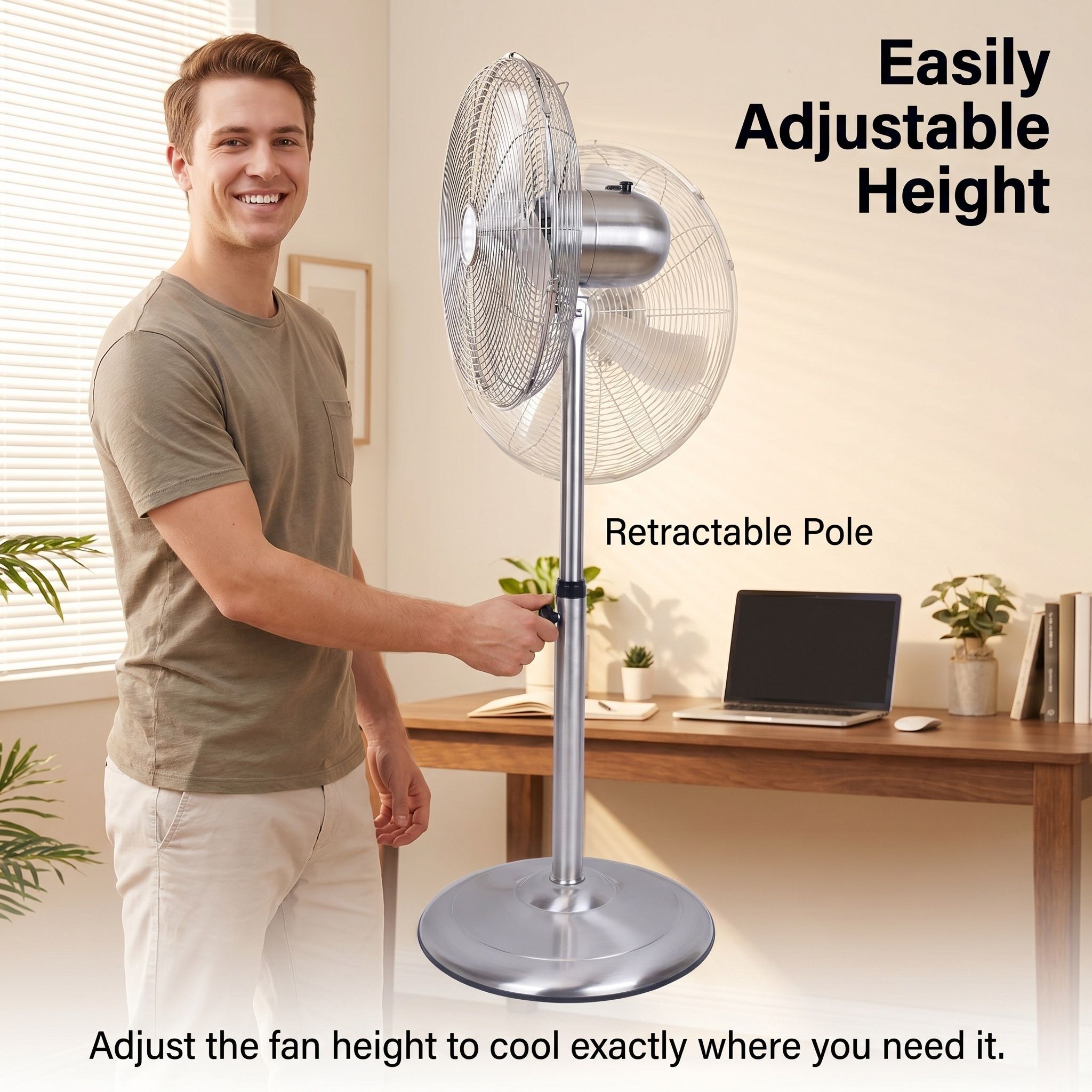 Stand Fan, 4 Blades, Rotary Knob Switch, Oscillation Function, Tilting Angle - Chrome