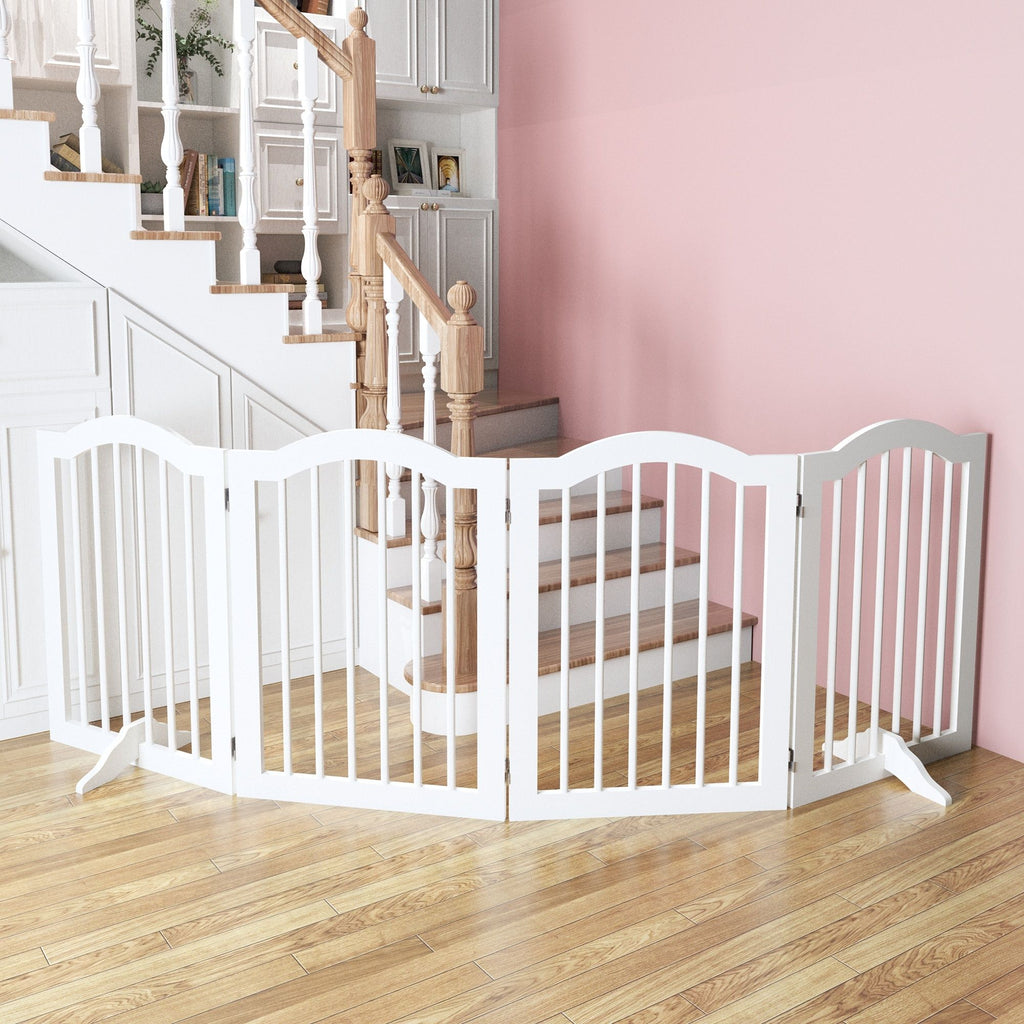 4 Panel Freestanding Pet Gate With Foldable Design And Support Feet - White