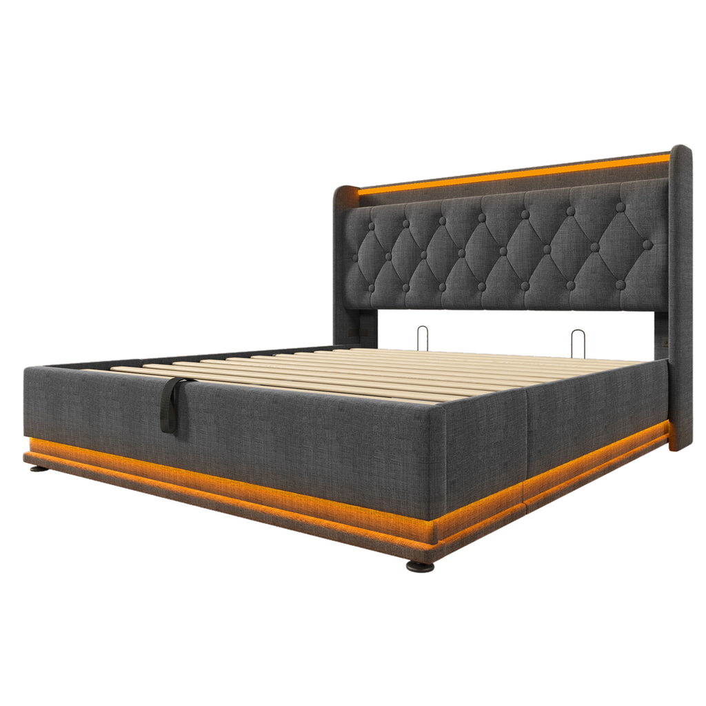 Upholstered Bed, 360 Surround LED Function, Remote Control, Hydraulic Storage Bed With USB, Type-C Charging (Without Mattress)