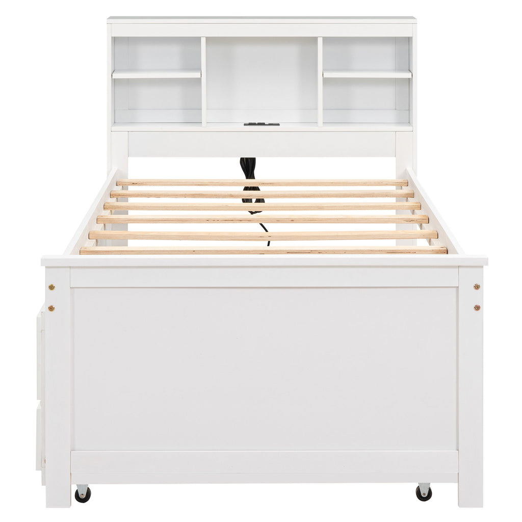 Platform Bed With Storage Headboard, USB, Trundle And 3 Drawers