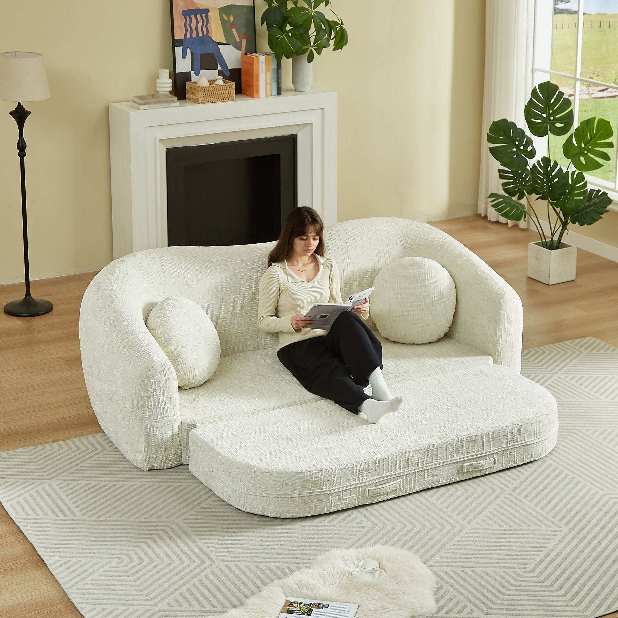 Curved Convertible Sofa, 2 In 1 Frameless Folding Sofa Bed With Pull Out Base And Deep Seat