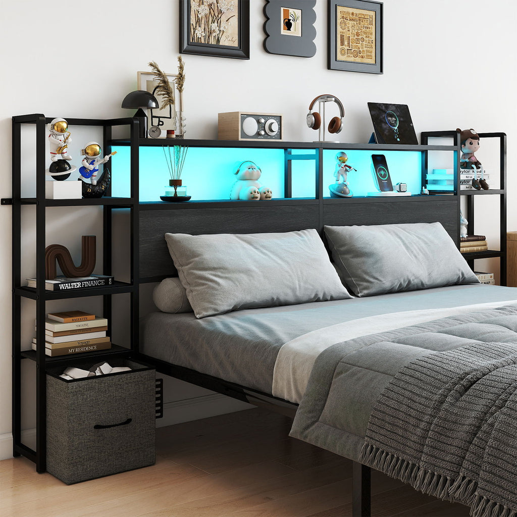 Headboard With 3 Shelves, 2 Drawers, Charging Station, RGB LED Lights
