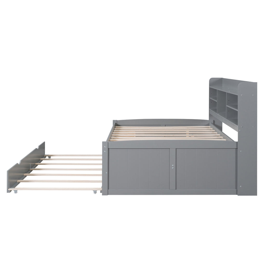 Captain Bed With Built In Bookshelves, 3 Storage Drawers, And Trundle