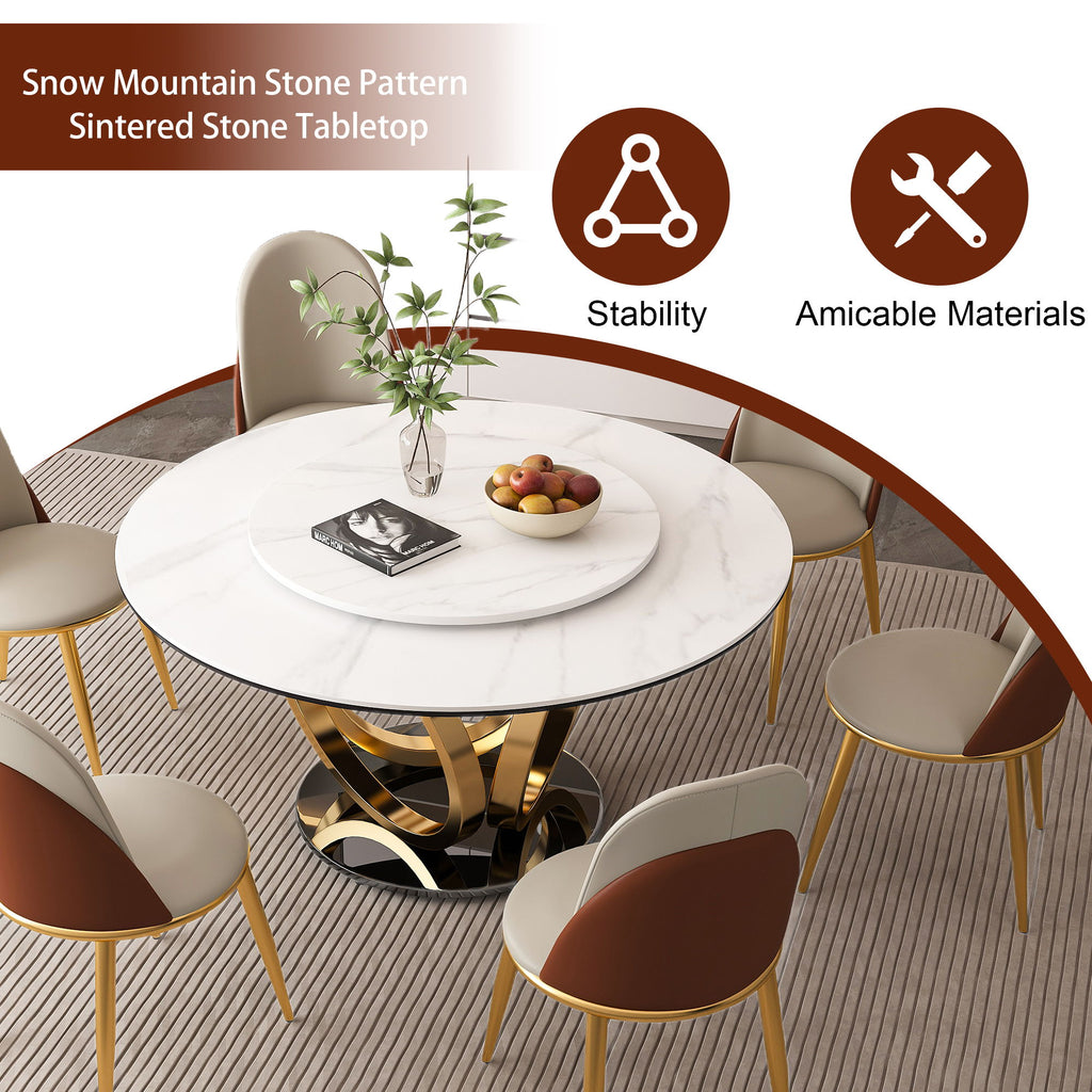 Round Dining Table With 360° Smooth Lazy Susan For Dining Room - Gold / Black / White