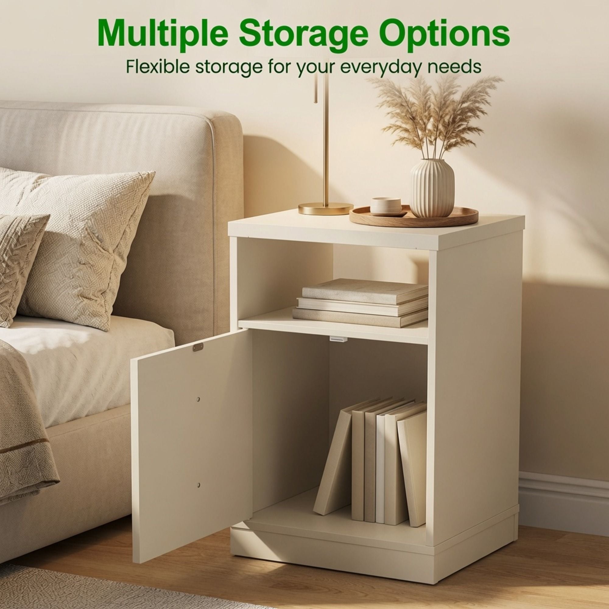 Nightstand With Door & Shelf, 2 Drawer Side Table