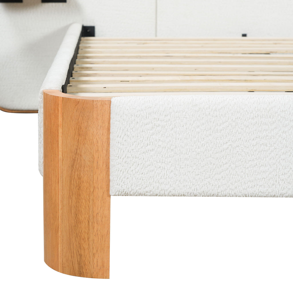 Upholstered Platform Bed Frame With Curved Headboard, Built-In Floating Shelves
