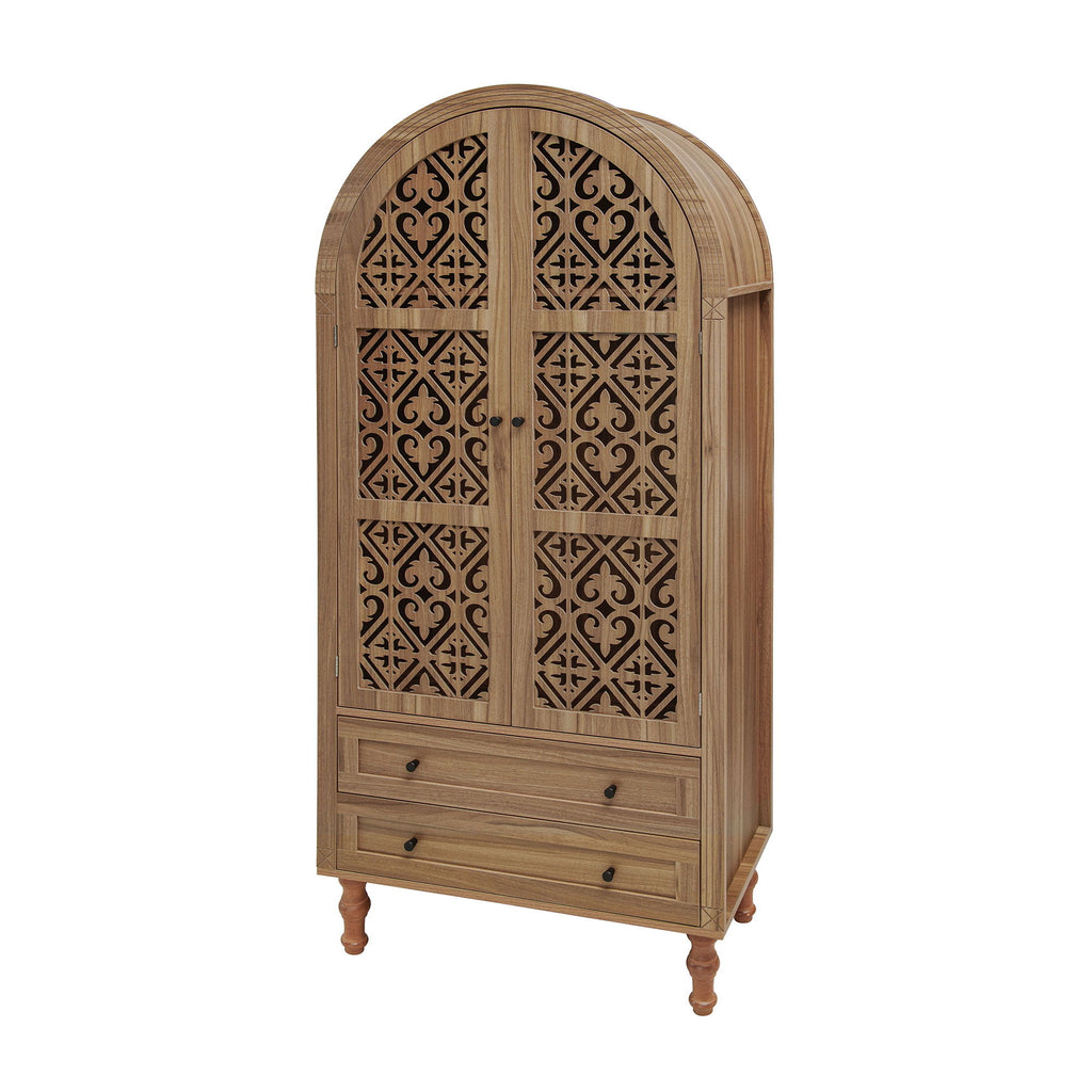 Tall Kitchen Pantry Cabinet With Hollow Carved Doors 2 Drawers And Adjustable Shelves Storage Display Cabinet For Kitchen Dining Room Or Living Room - Walnut
