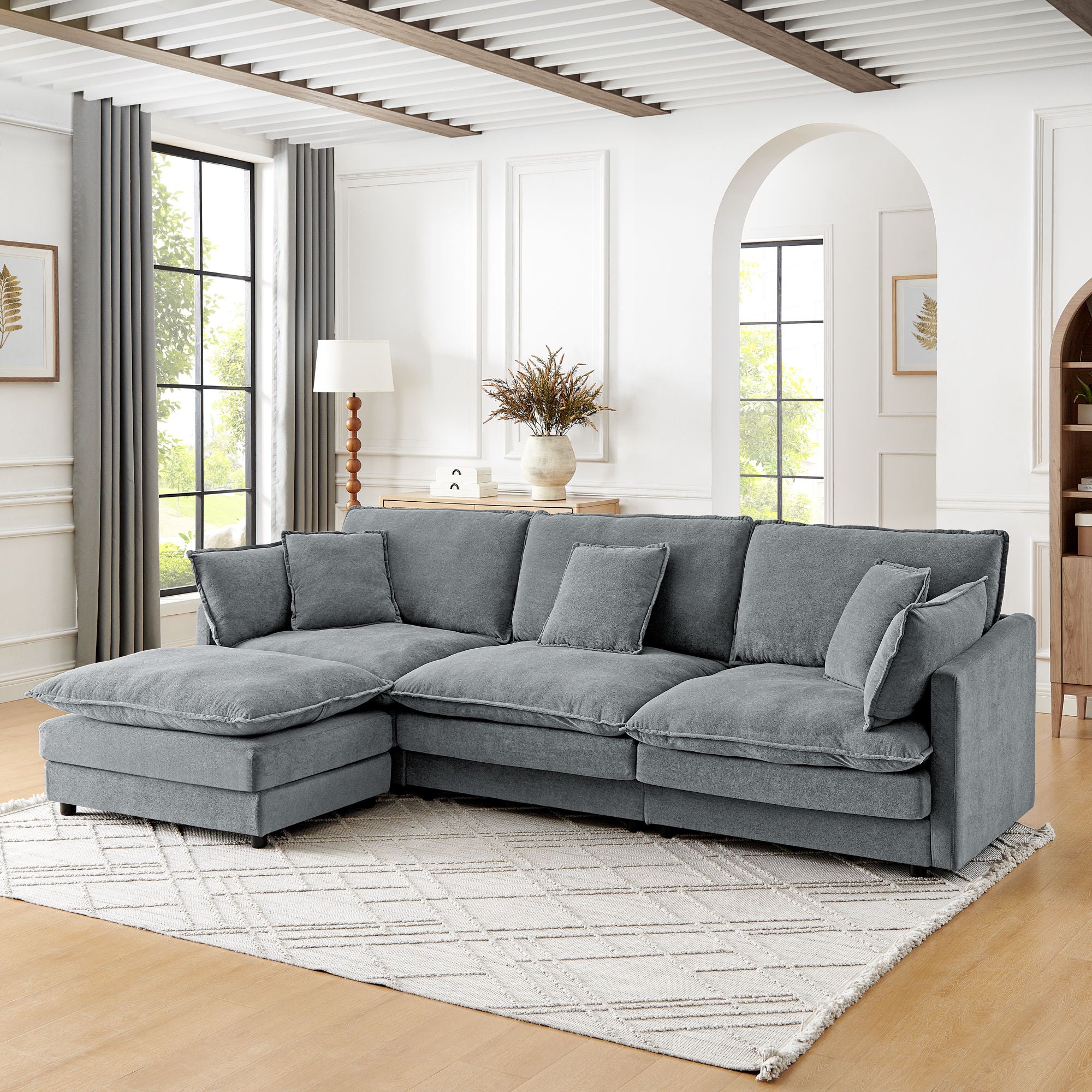 L-Shaped Sectional Sofa With Ottoman, Convertible 4 Seater Couch