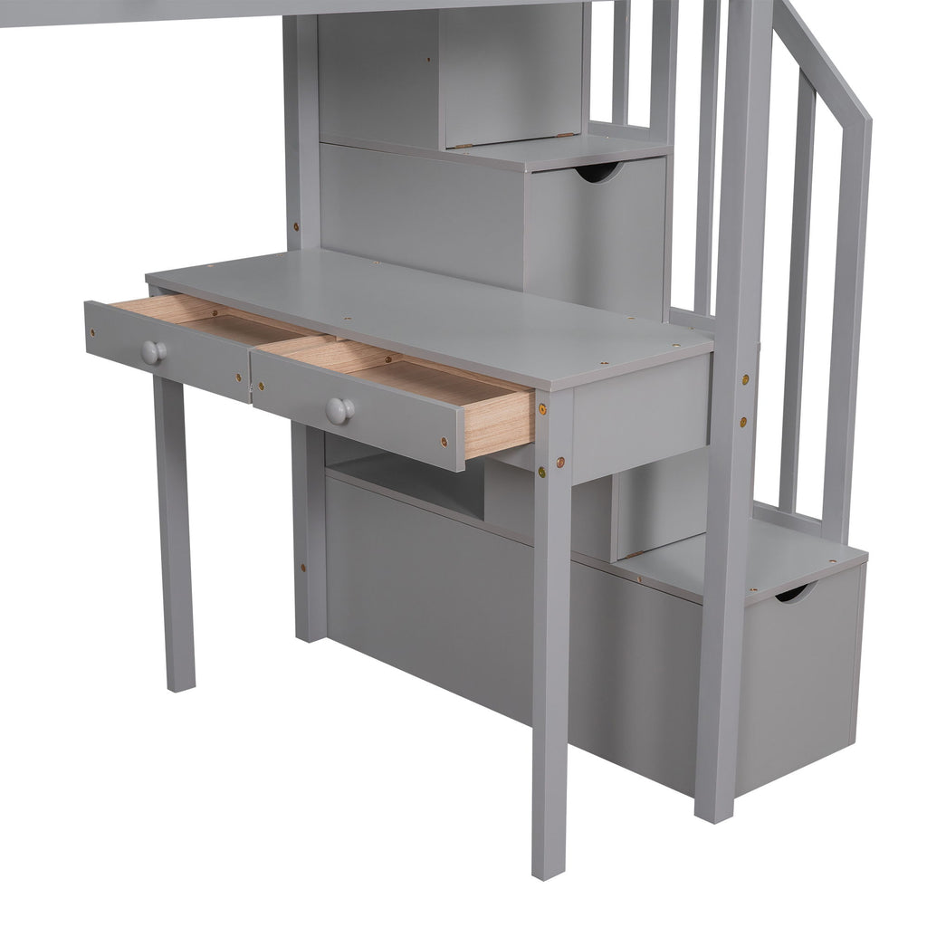 Loft Bed With Storage Drawers, Desk And Stairs With Shelves
