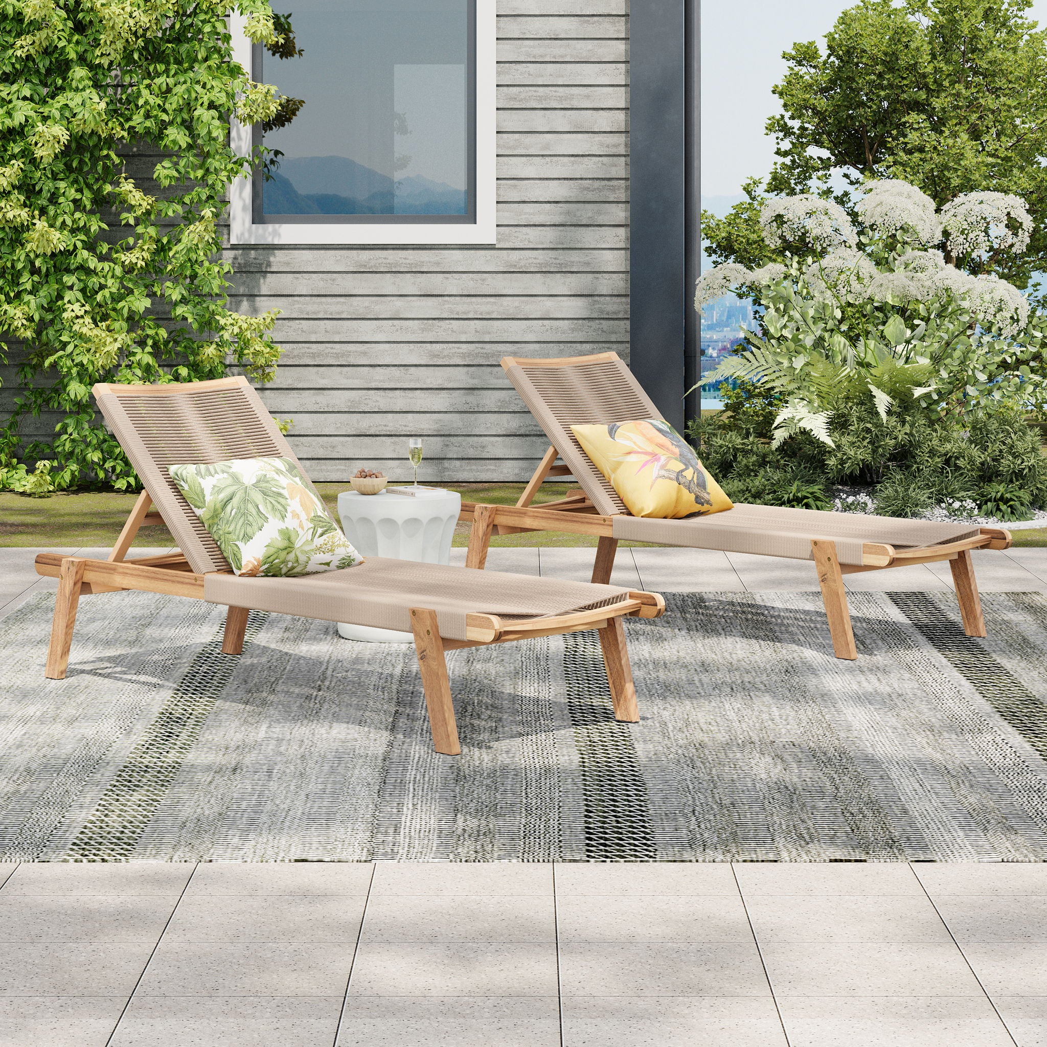 Catania - Outdoor Rope Chaise Lounge (Set of 2) - Teak / Beige