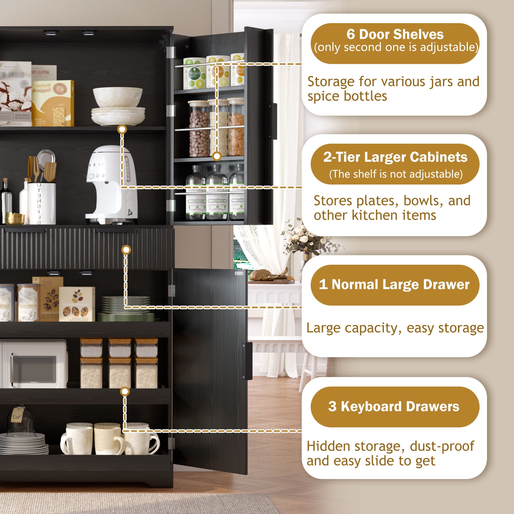 Fluted Kitchen Pantry Cabinet With 3 Keyboard Drawers & 6 Door Shelves Adjustable