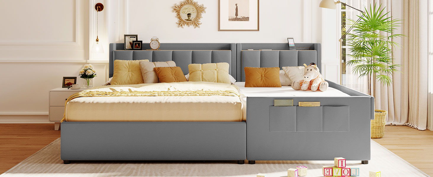 Upholstered Mother & Child Bed With Hydraulic Storage System, Drawer Box, Bedhead Storage Shelf And 2 Pairs Of Sockets & USB Ports