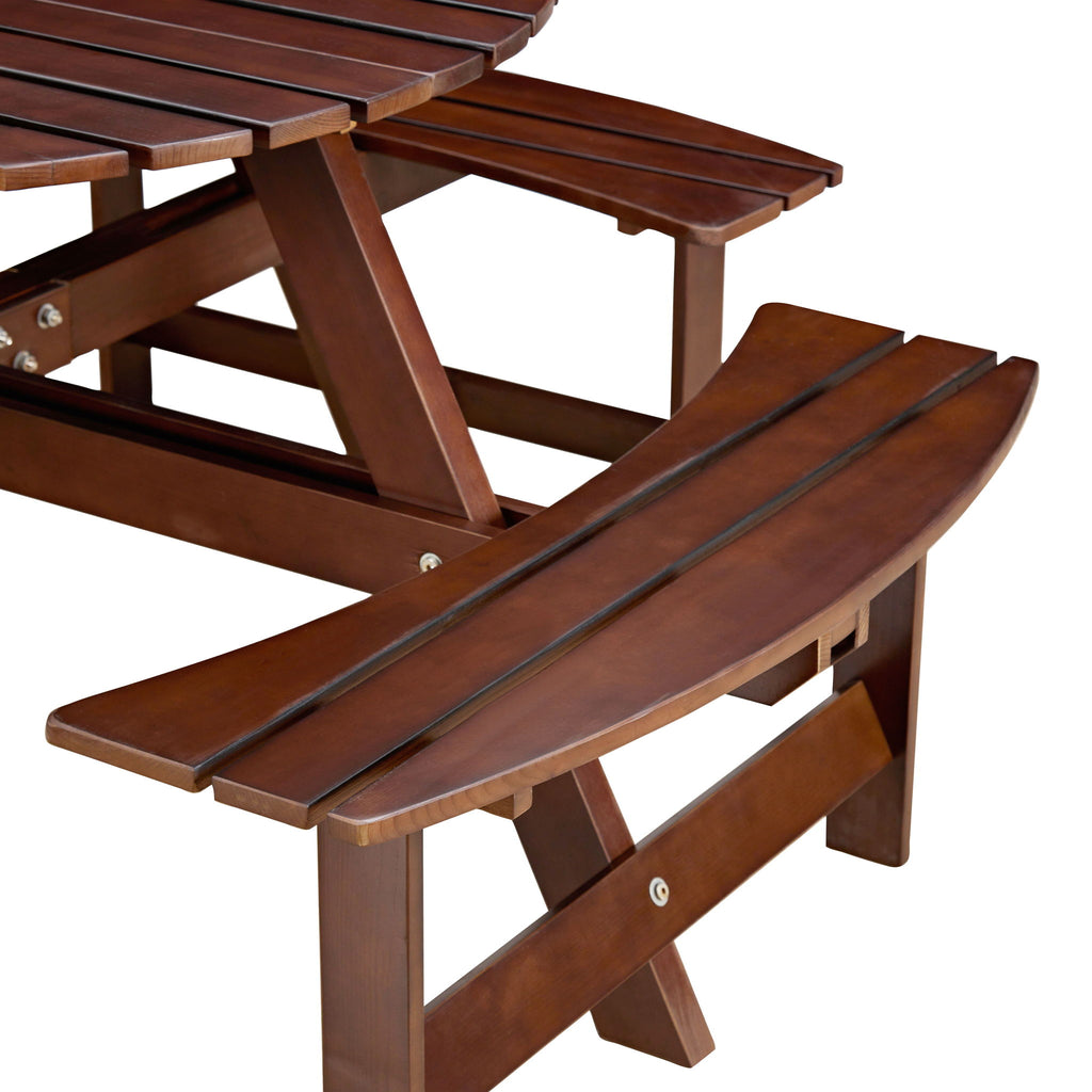 8 Person Round Picnic Table With 4 Built In Benches, Umbrella Hole For Garden - Brown