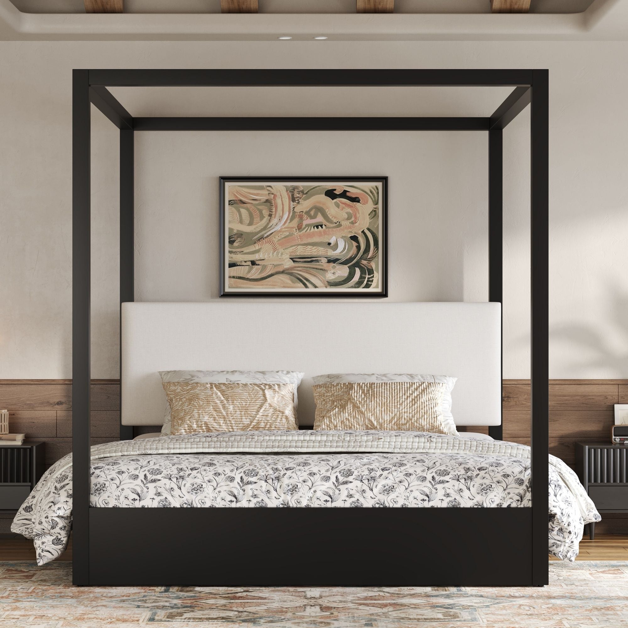 Canopy Platform Bed With Upholstered Headboard