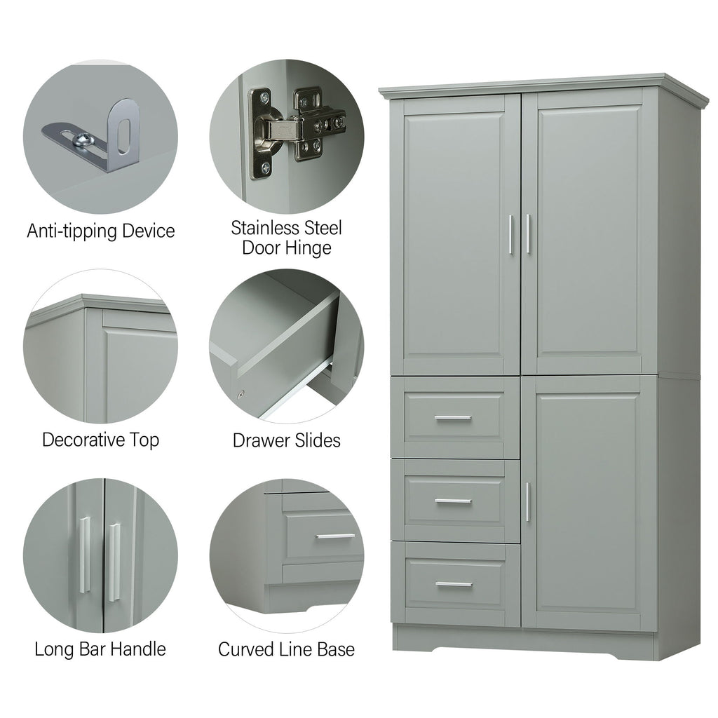 Tall And Wide Storage Cabinet With Doors For Bathroom Or Office, 3 Drawers - Gray