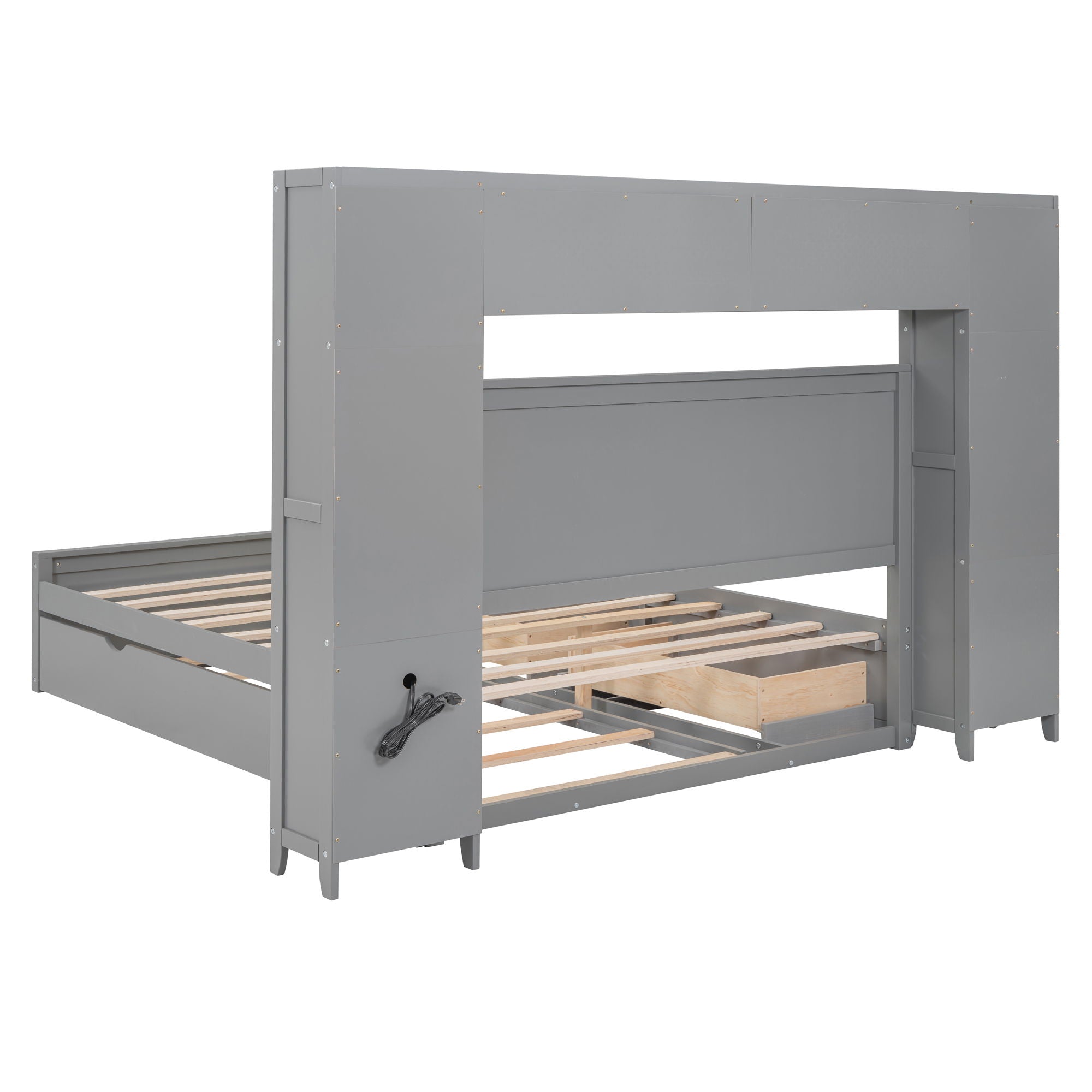 Bed With All In One Cabinet, Shelf And Sockets, Twin Long Trundle