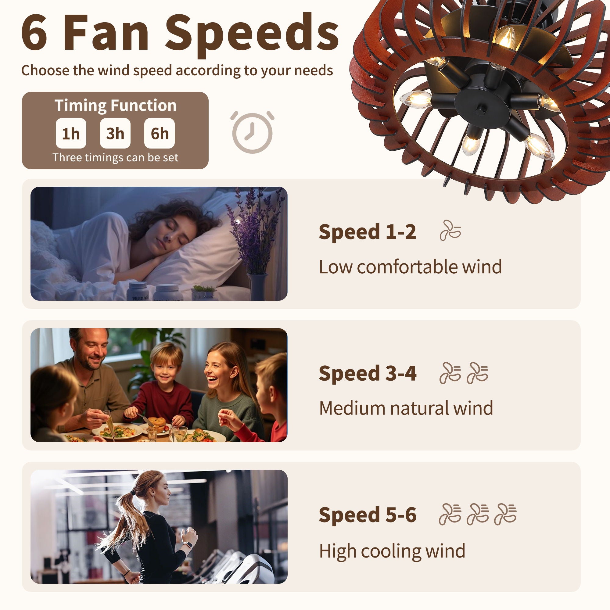 Ceiling Fan, Fandelier With 6 E12 Sockets, Reversible DC Motor, 6 Speeds, Remote Control, Adjustable Hanging - Black / Brown