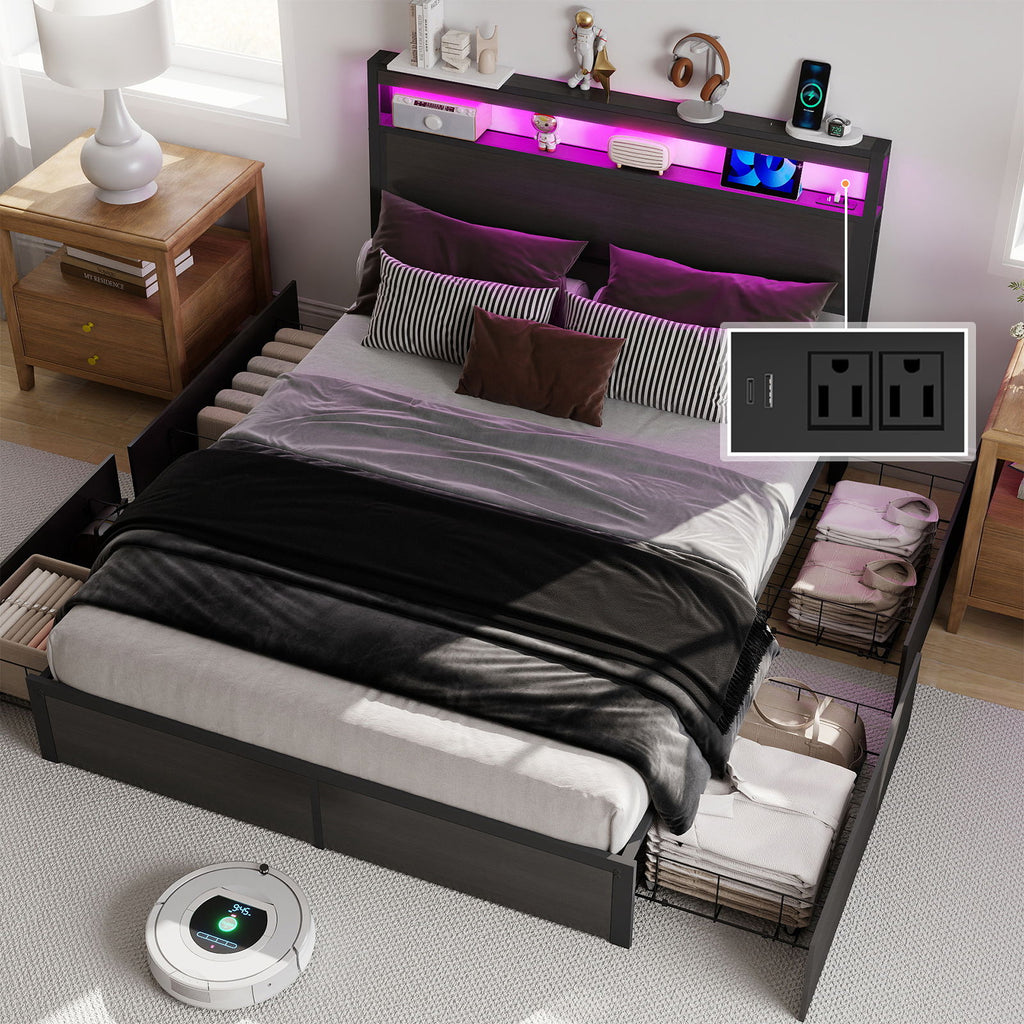 Bed Frame With Headboard, LED Lights & Charging Station