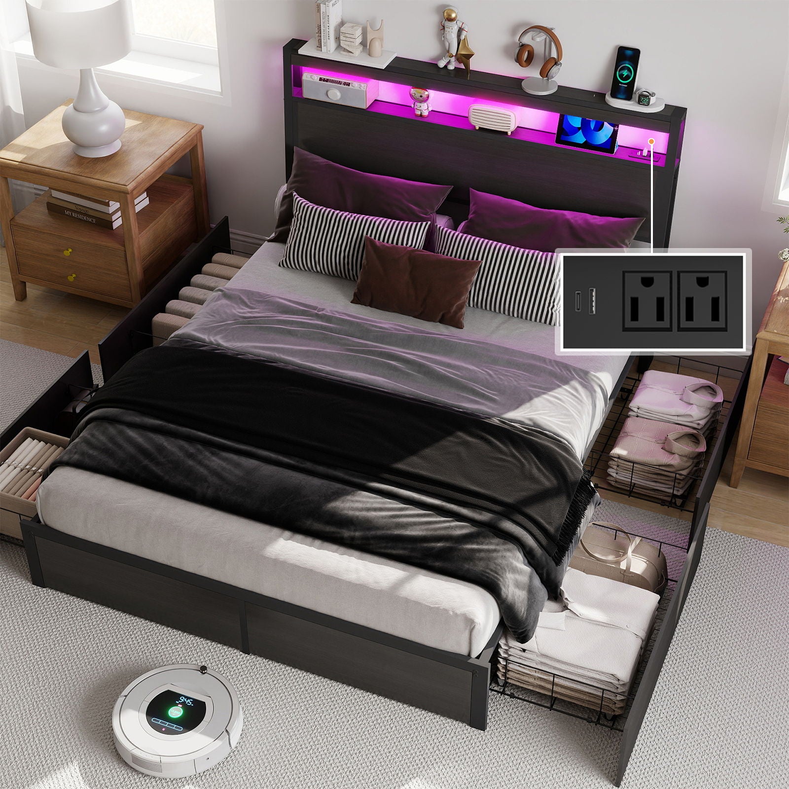 Bed Frame With Headboard, LED Lights & Charging Station