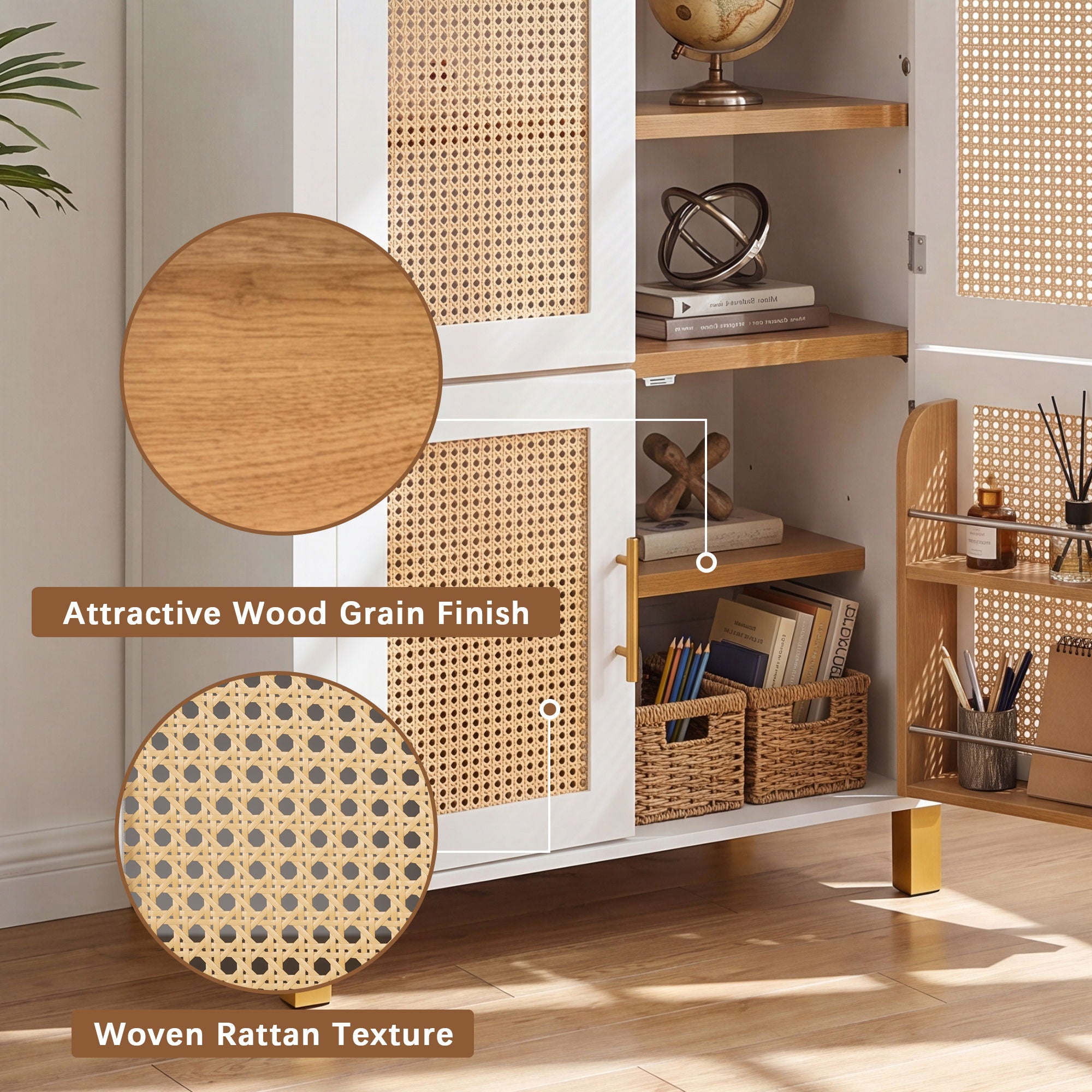 Tall Arched Cabinet With Rattan Doors & Adjustable Shelves