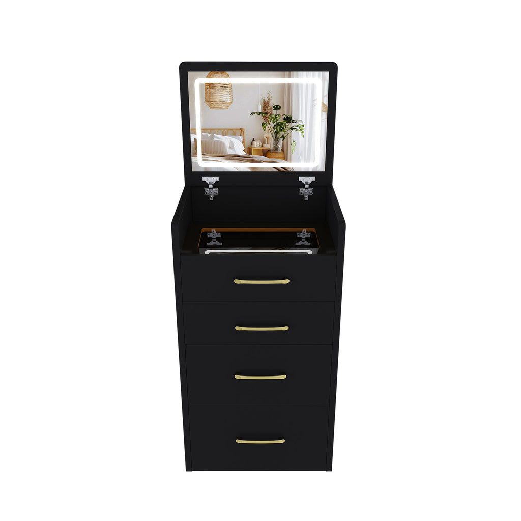 3 In 1 Vanity Desk With Open Top Mirror, Glass Desktop Makeup Set With 3 Drawers, Compact Dressing Table For Bedroom - Black