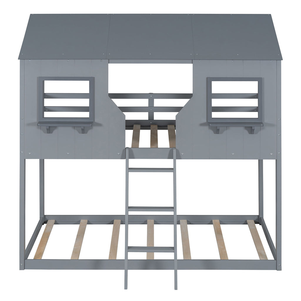 Twin Over Twin Bunk Bed With Roof, Window, Guardrail, Ladder