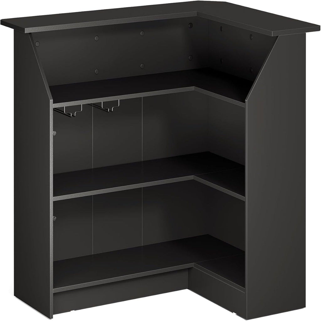L-Shaped Home Bar Cabinet With Stemware Racks, 4 Tier Corner Unit, Liquor Wine Bar Table & Reception Desk For Home Pub - Black