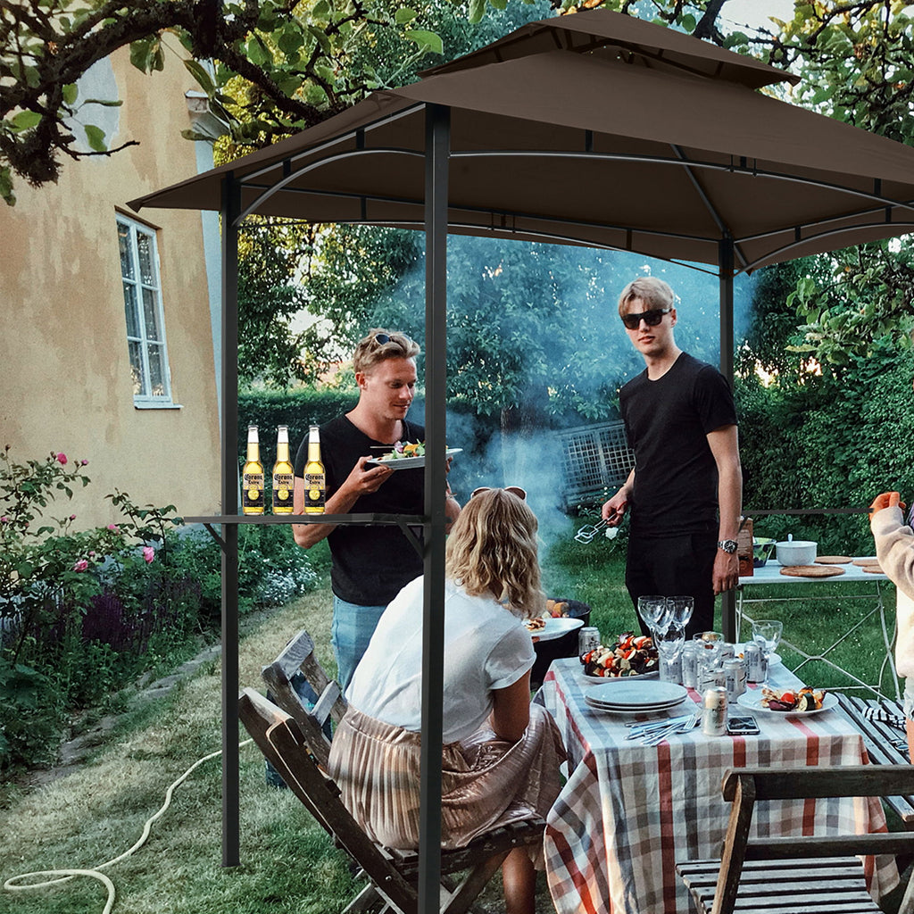 Outdoor Grill Gazebo With Double Tier Soft Top Canopy, Steel Frame, Bar Counters & Hook