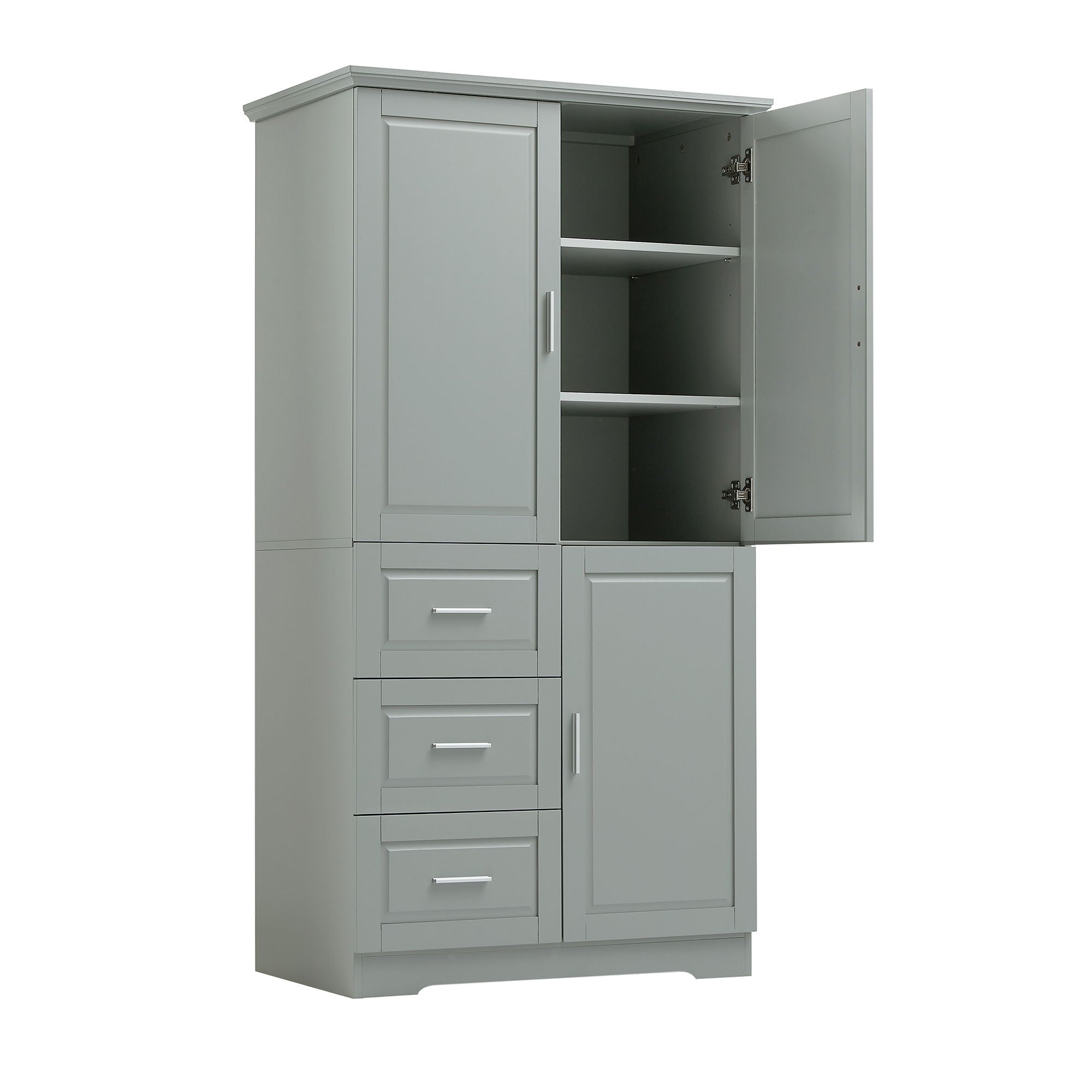 Tall And Wide Storage Cabinet With Doors For Bathroom Or Office, 3 Drawers - Gray